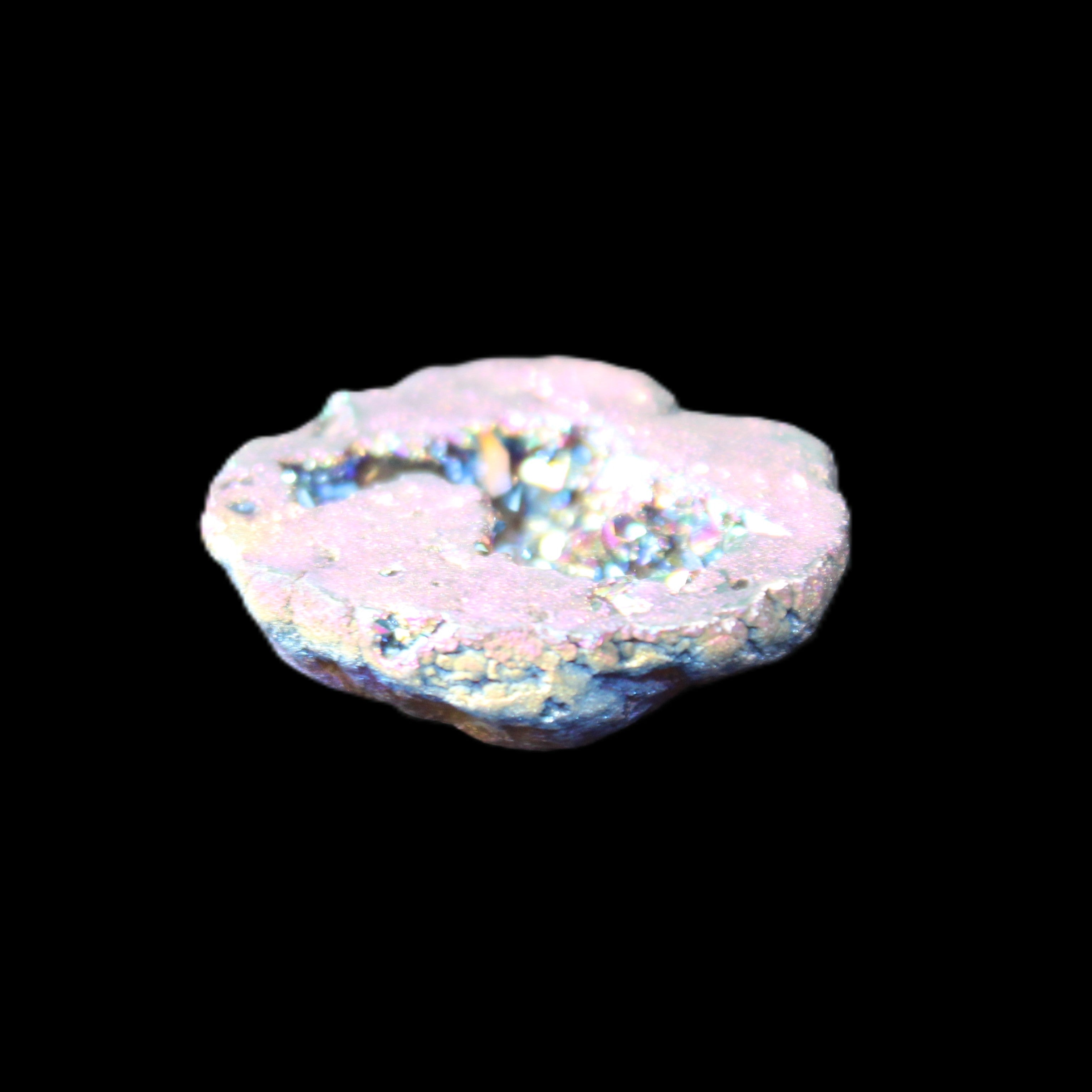 Electric Green Agate electroplated geode 30mm 10.9g in sunlight - Rocks and Things Store