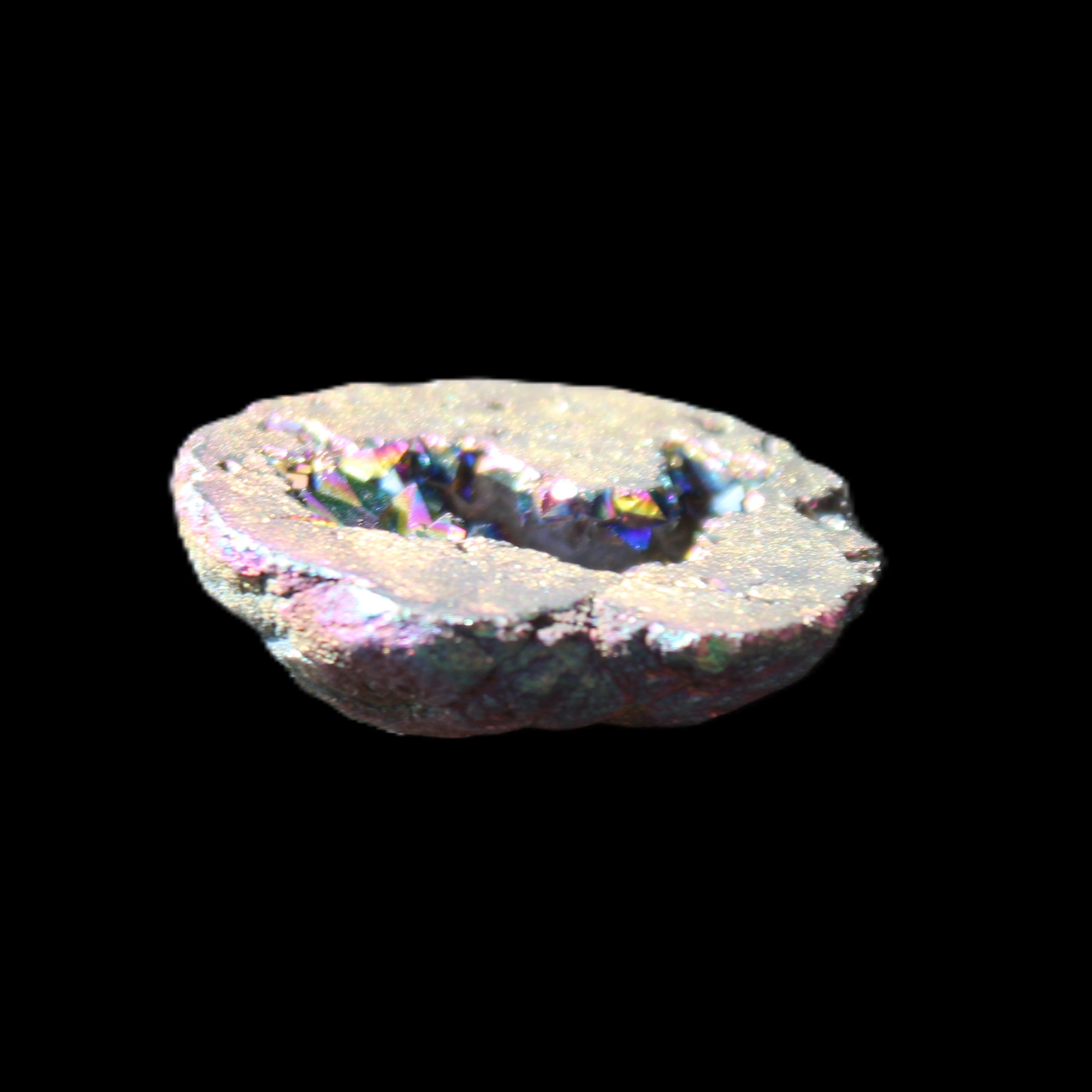 Electric Green Agate electroplated geode 30mm 10.9g in sunlight - Rocks and Things Store