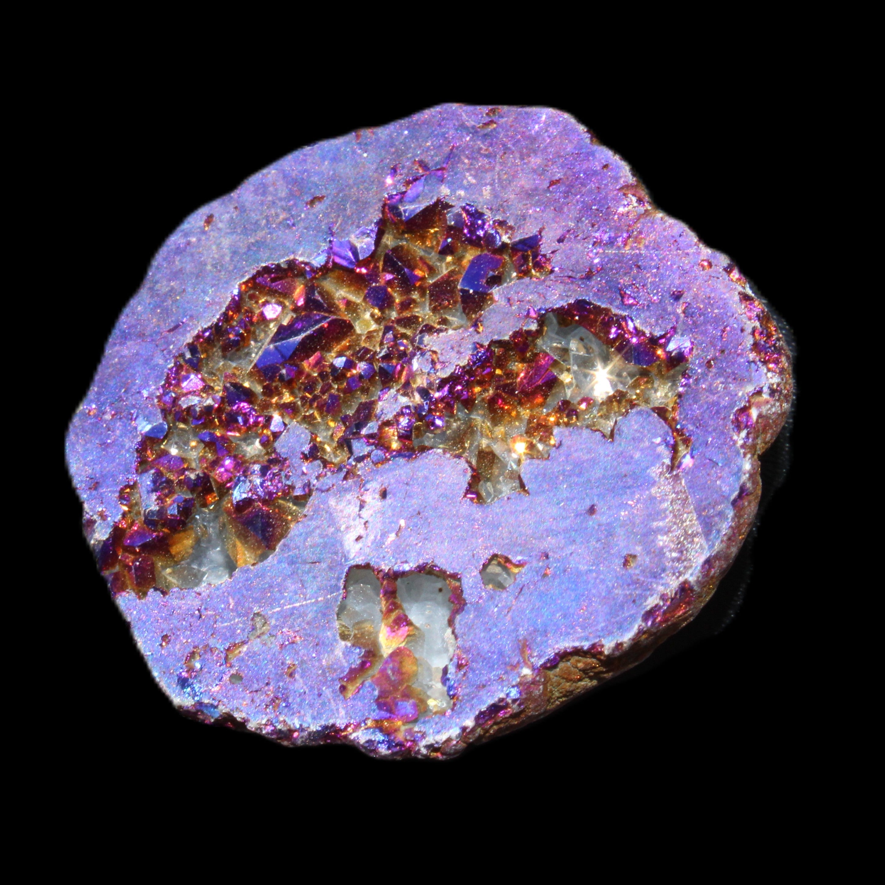 Electric Blue Agate electroplated geode 38mm 16.9/20g in sunlight - Rocks and Things Store