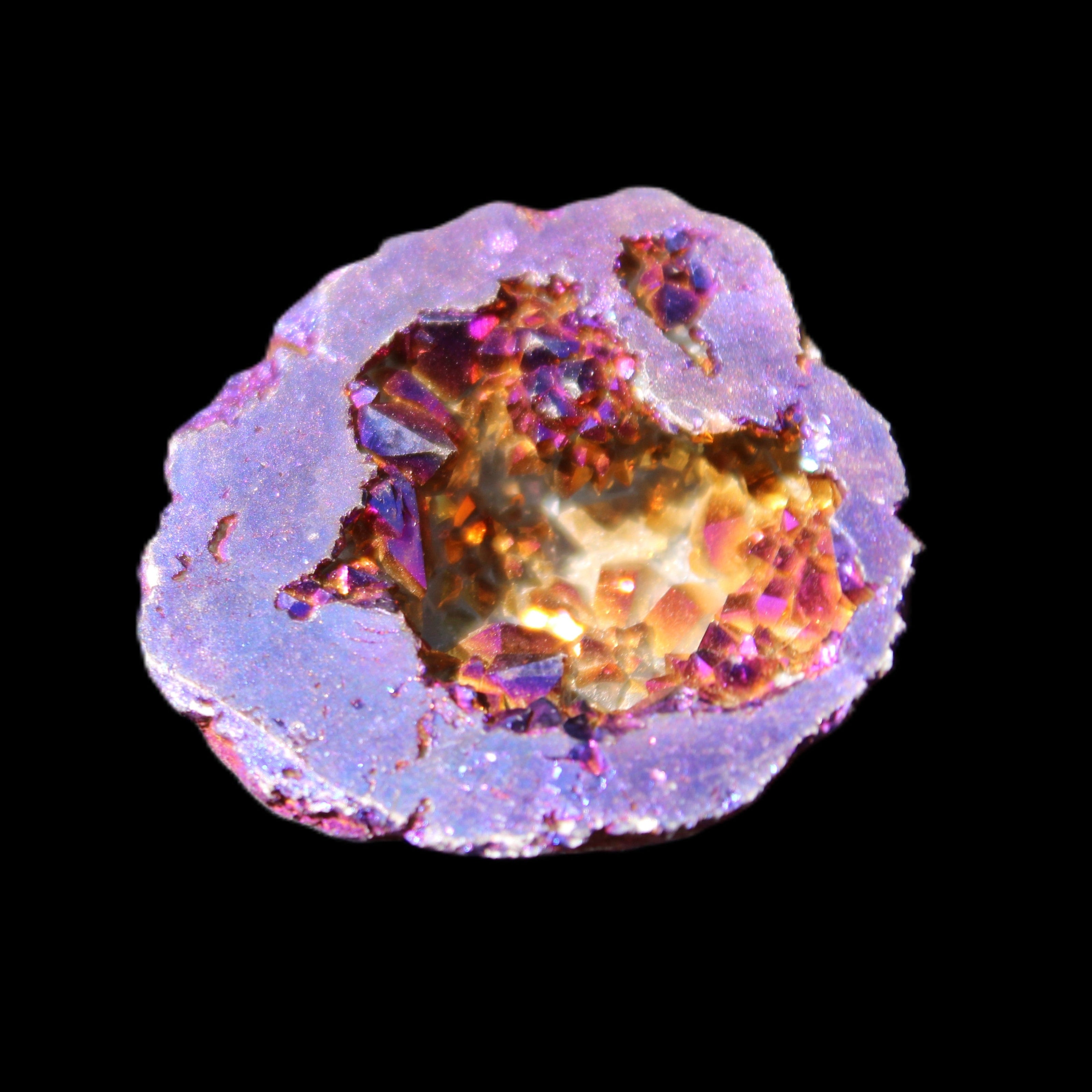 Electric Blue Agate electroplated geode 38mm 16.9/20g in sunlight - Rocks and Things Store