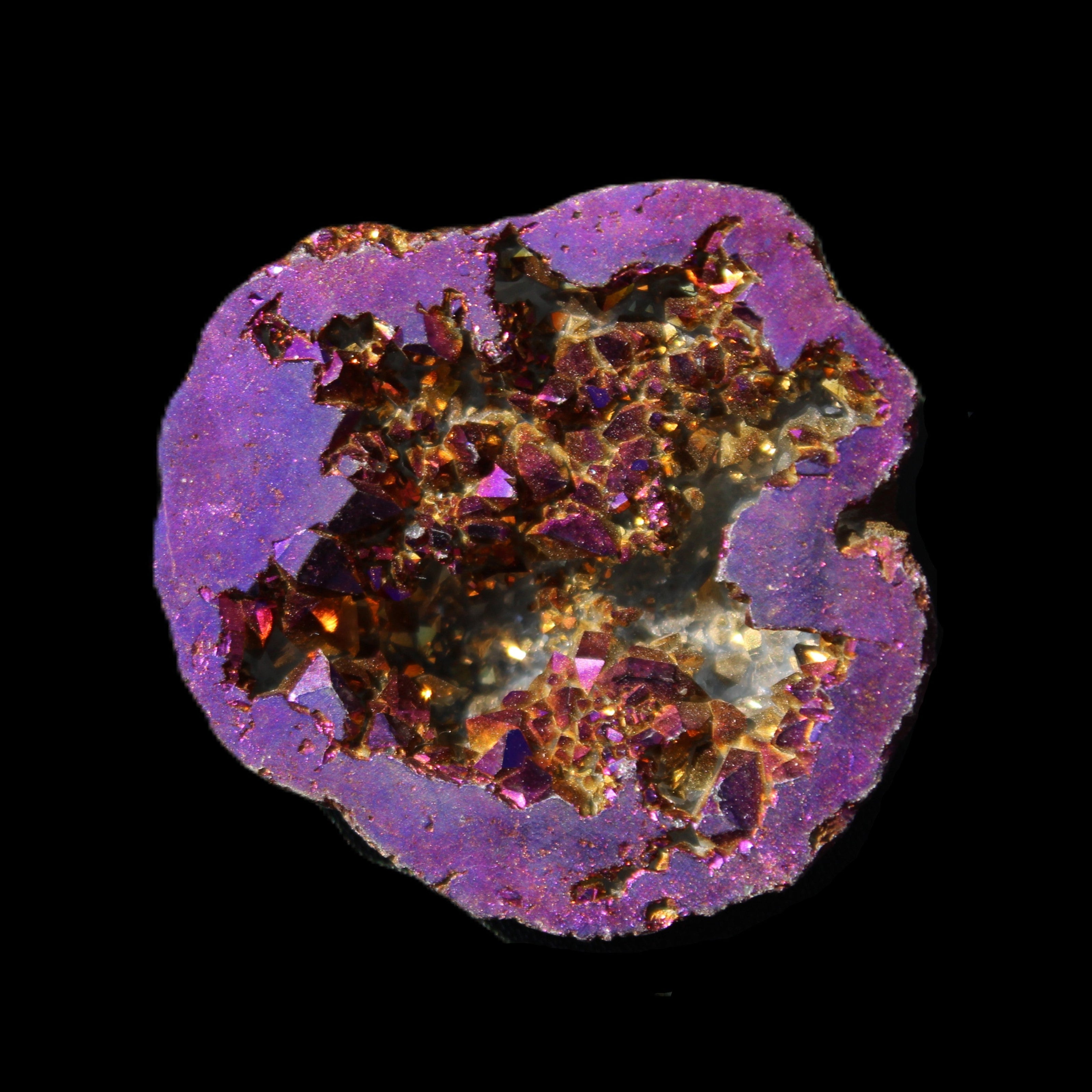 Electric Purple Agate electroplated geode 42mm 18.5g in sunlight - Rocks and Things Store