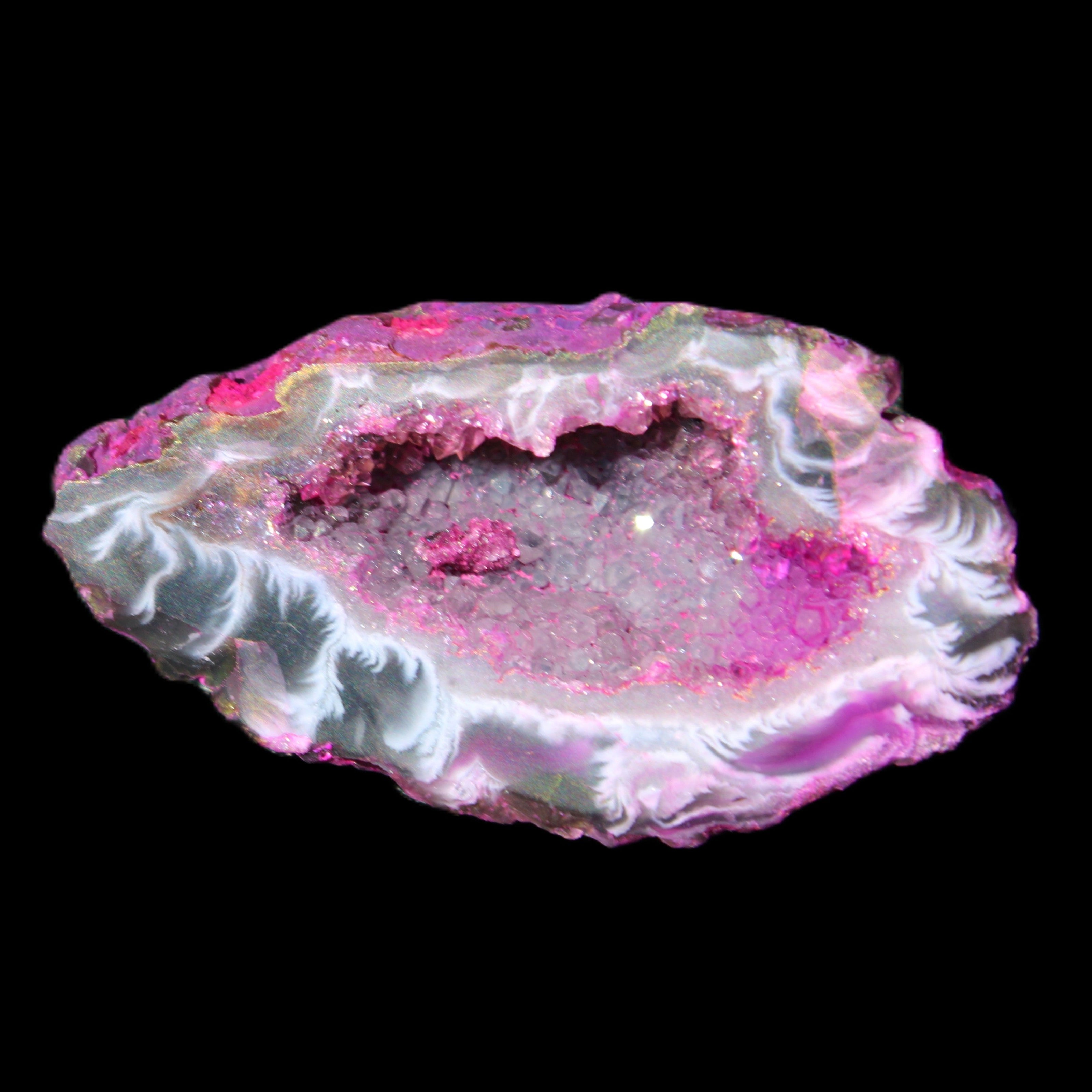 Magenta dyed Agate geode 49*21*15mm 21g in sunlight - Rocks and Things Store