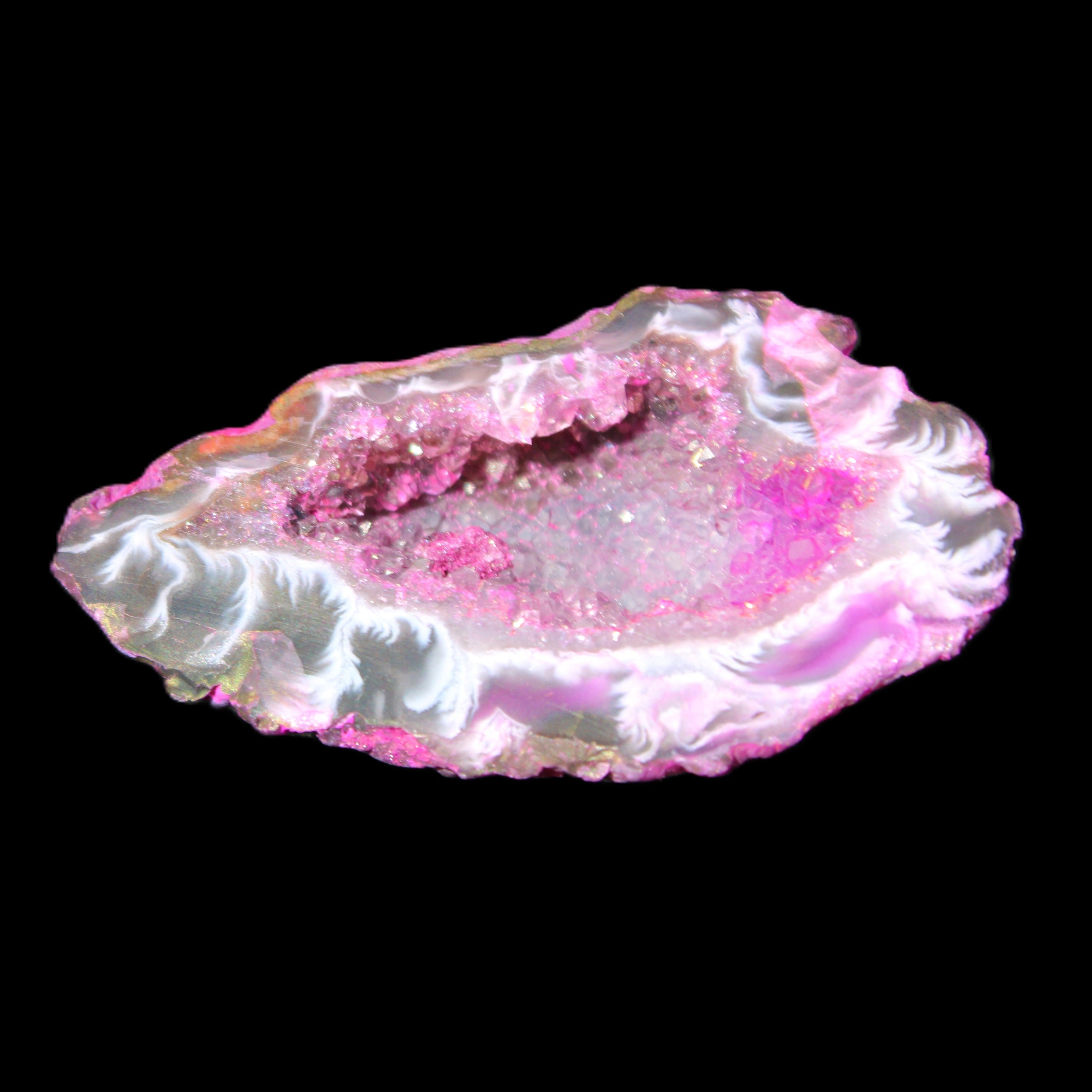 Magenta dyed Agate geode 49*21*15mm 21g in sunlight - Rocks and Things Store