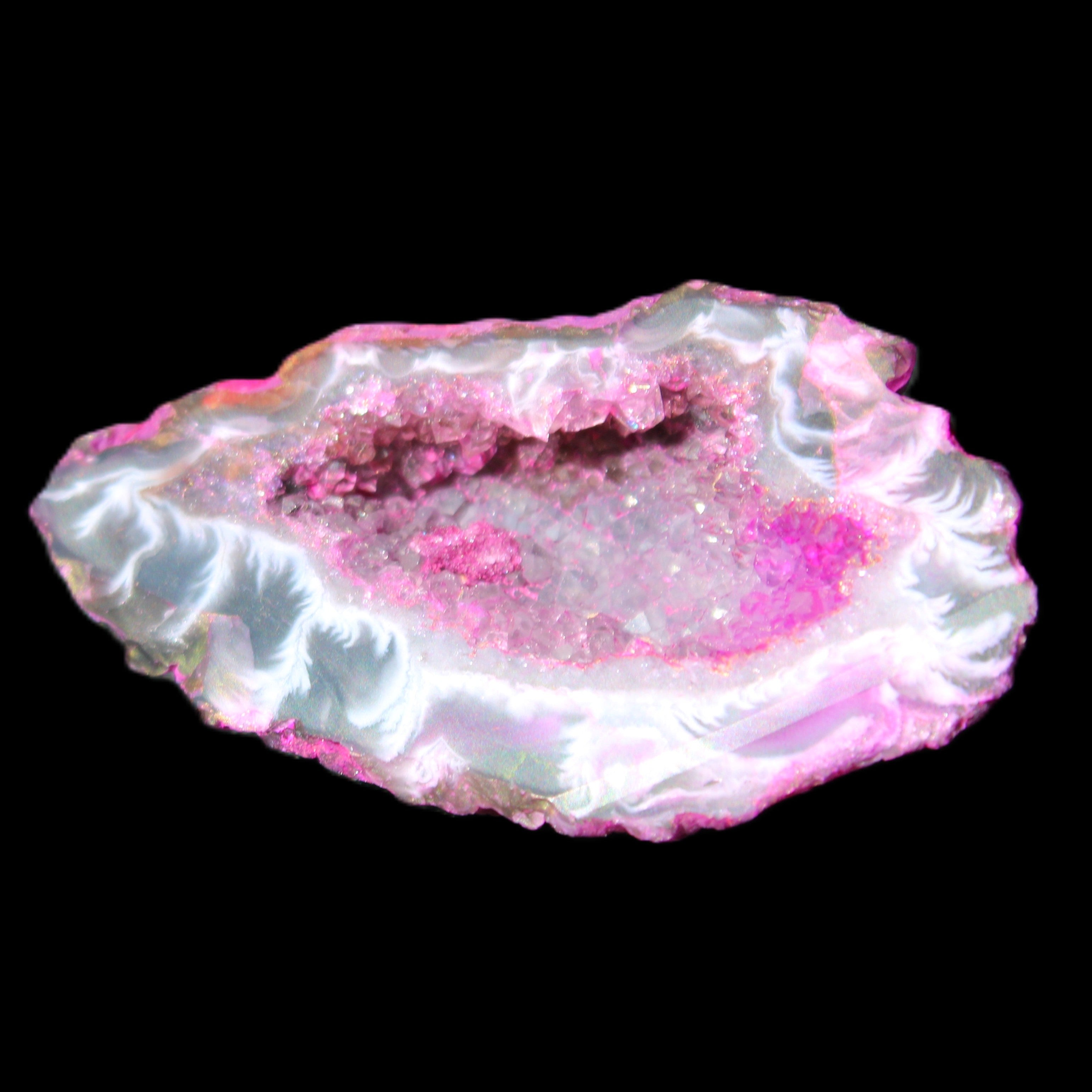 Magenta dyed Agate geode 49*21*15mm 21g in sunlight - Rocks and Things Store