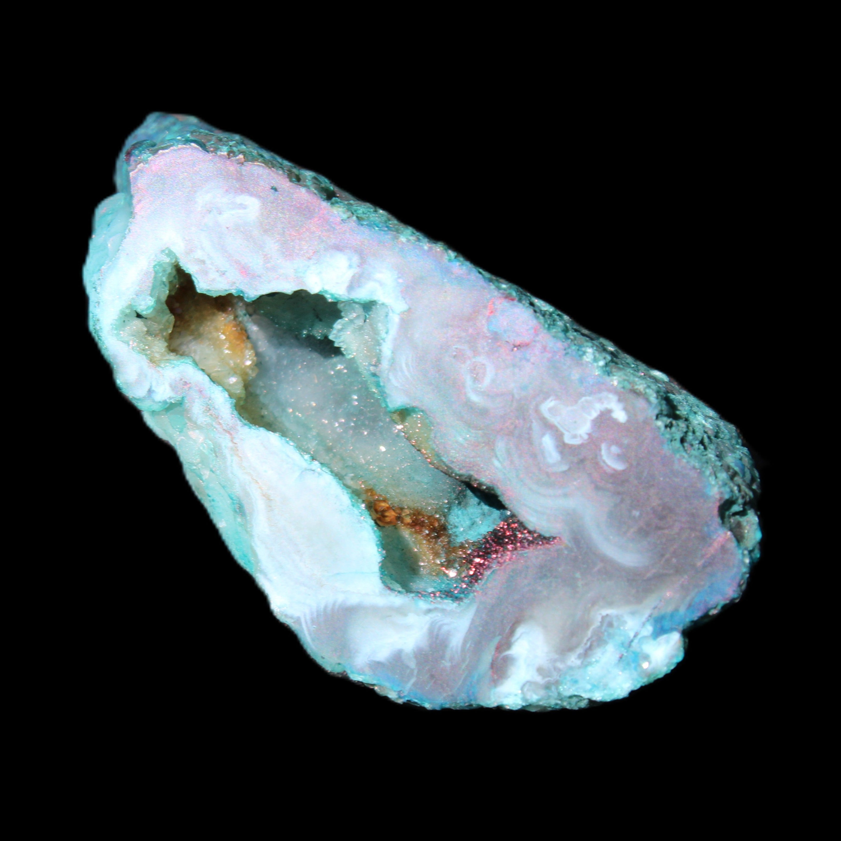 Blue Green dyed Agate geode 54*28*25mm 41g in sunlight - Rocks and Things Store