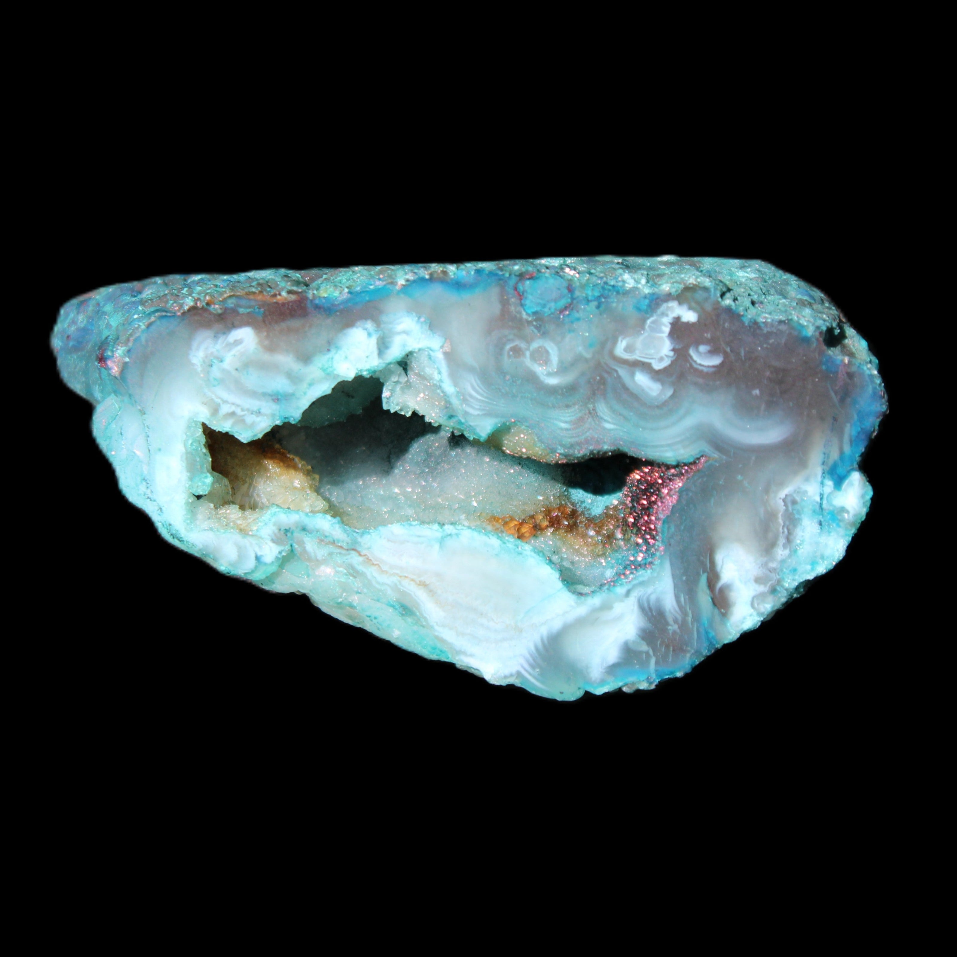 Blue Green dyed Agate geode 54*28*25mm 41g in sunlight - Rocks and Things Store