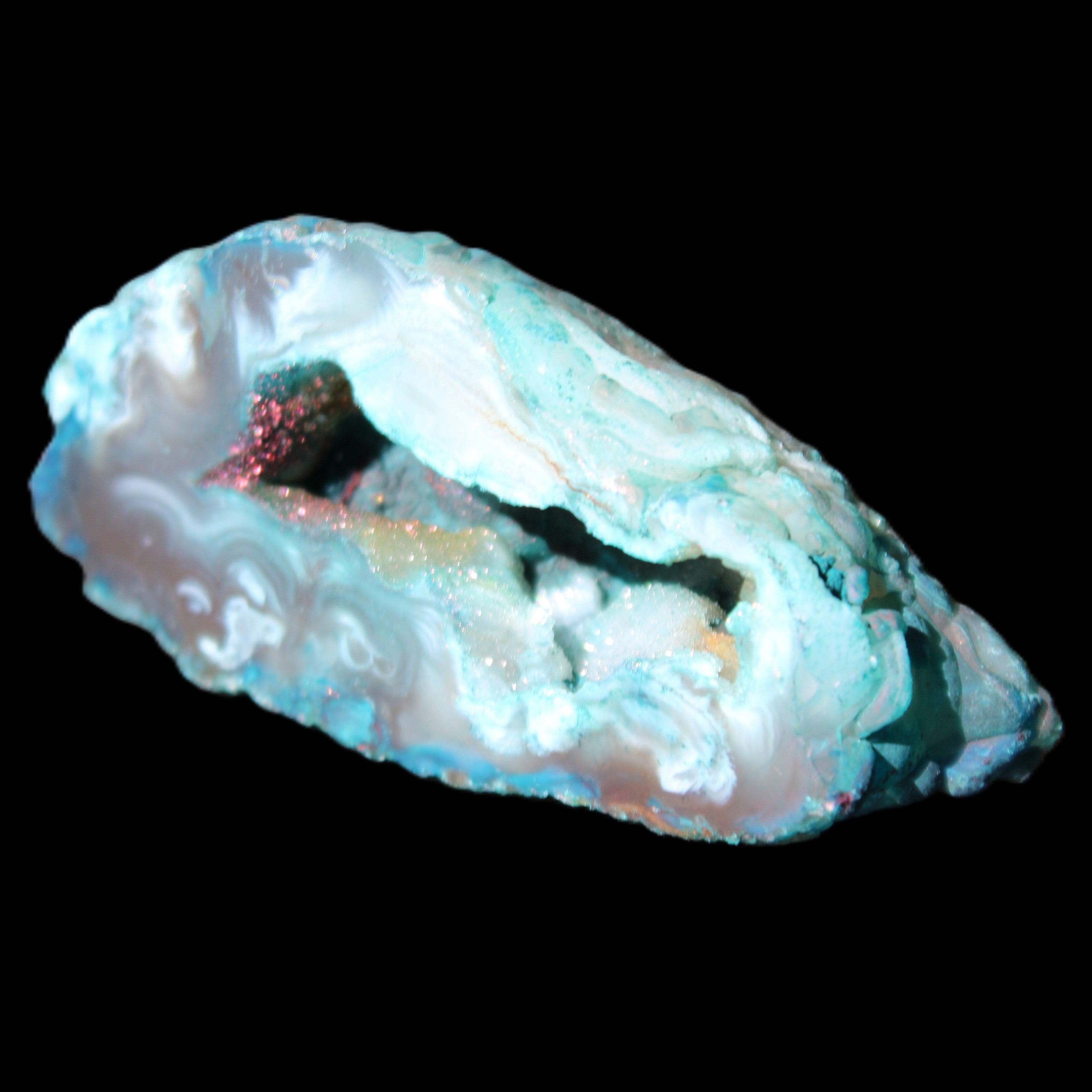 Blue Green dyed Agate geode 54*28*25mm 41g in sunlight - Rocks and Things Store
