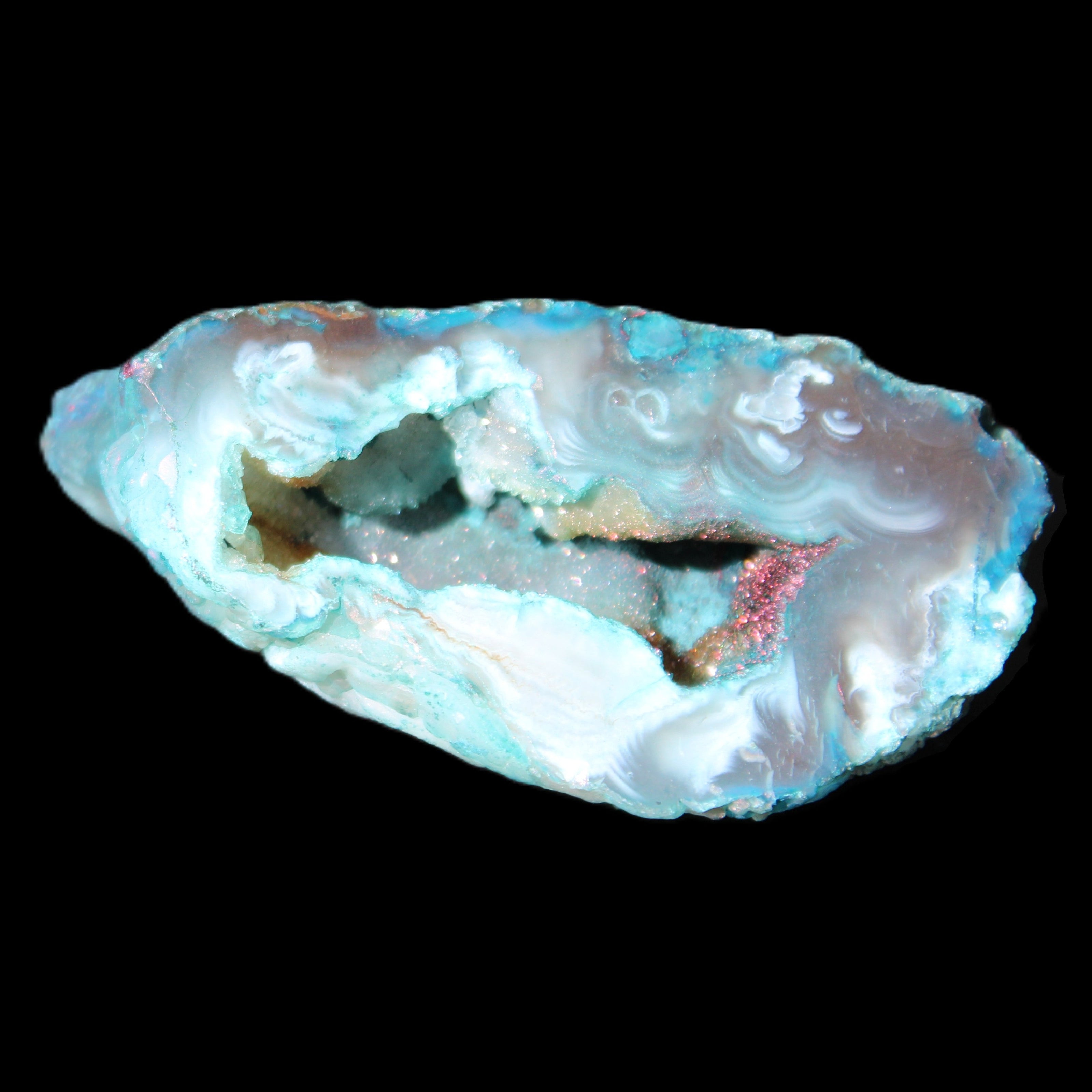 Blue Green dyed Agate geode 54*28*25mm 41g in sunlight - Rocks and Things Store
