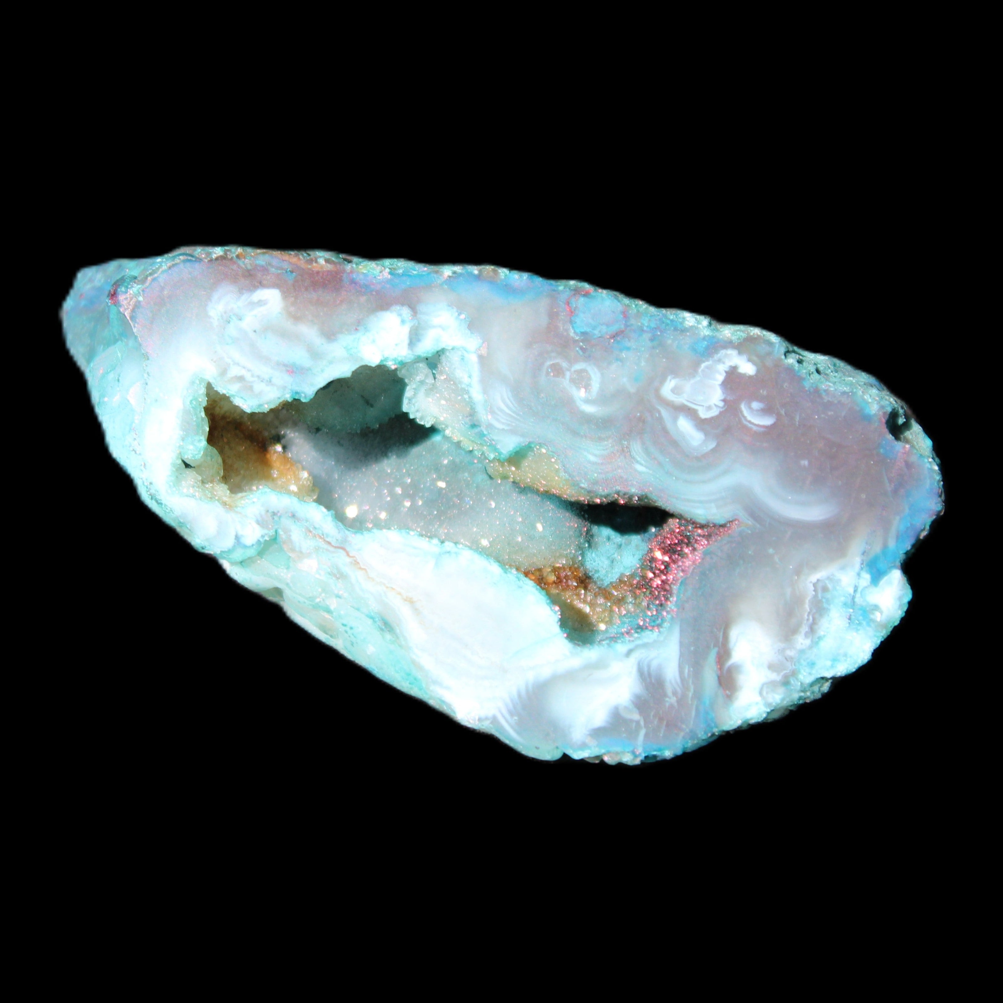 Blue Green dyed Agate geode 54*28*25mm 41g in sunlight - Rocks and Things Store