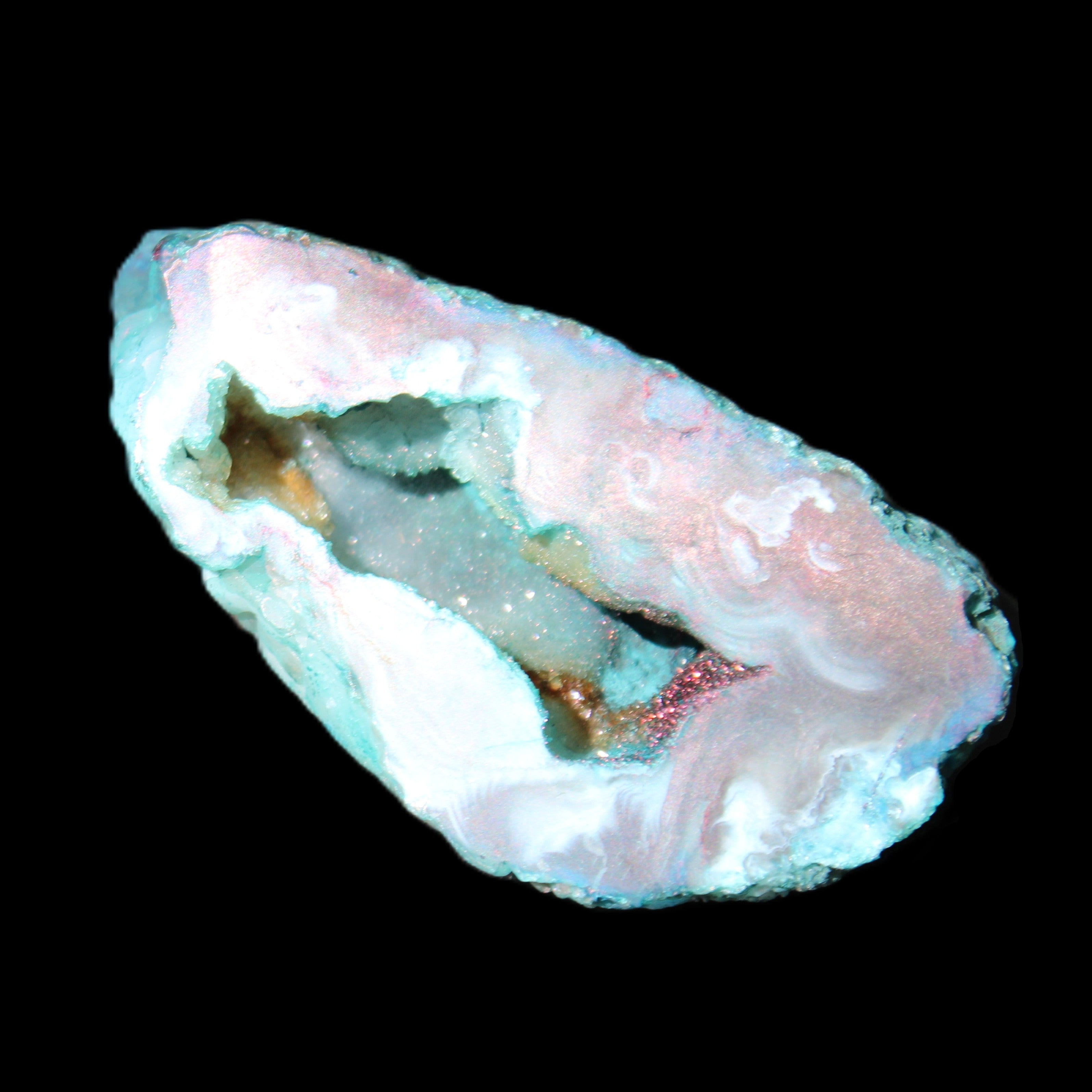 Blue Green dyed Agate geode 54*28*25mm 41g in sunlight - Rocks and Things Store
