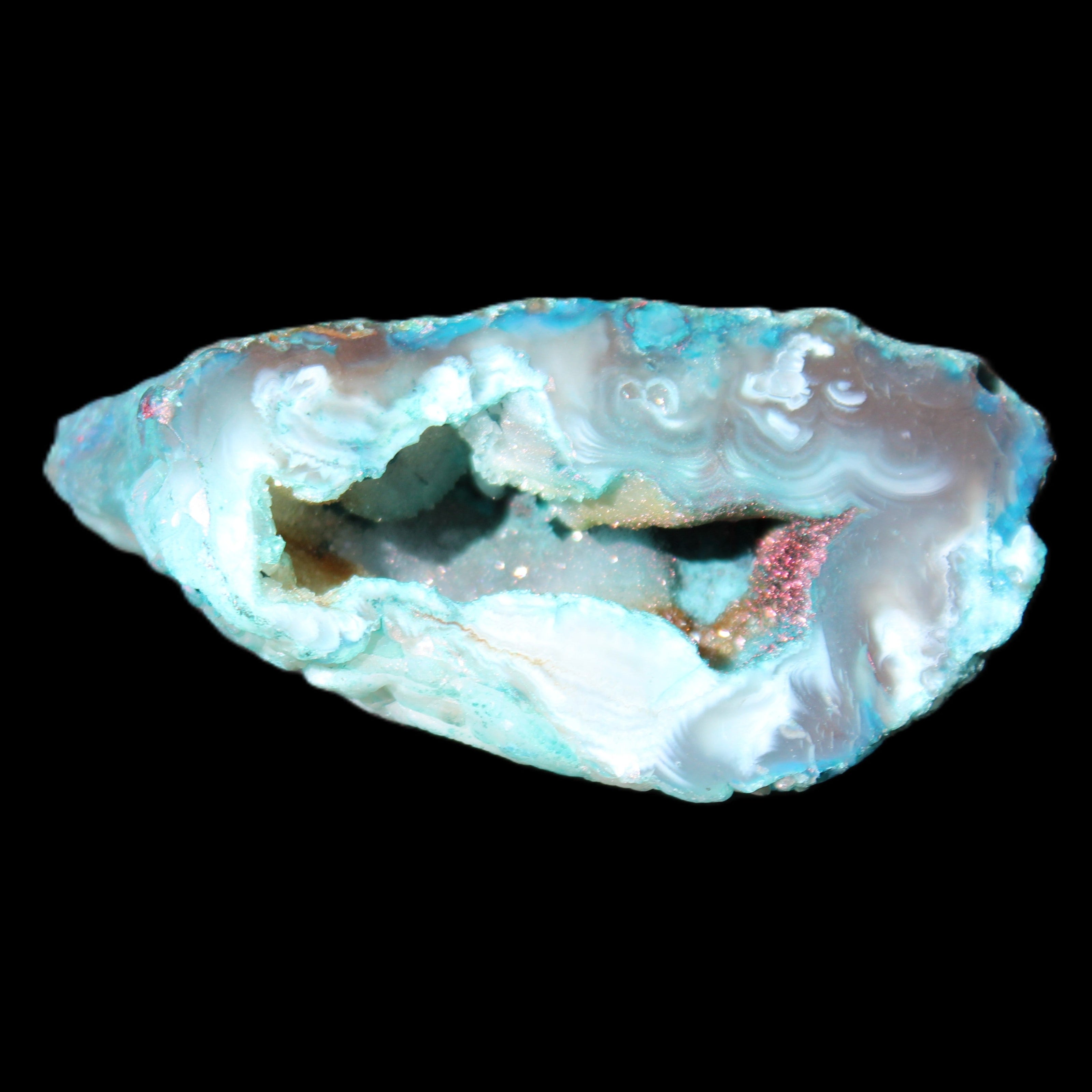 Blue Green dyed Agate geode 54*28*25mm 41g in sunlight - Rocks and Things Store