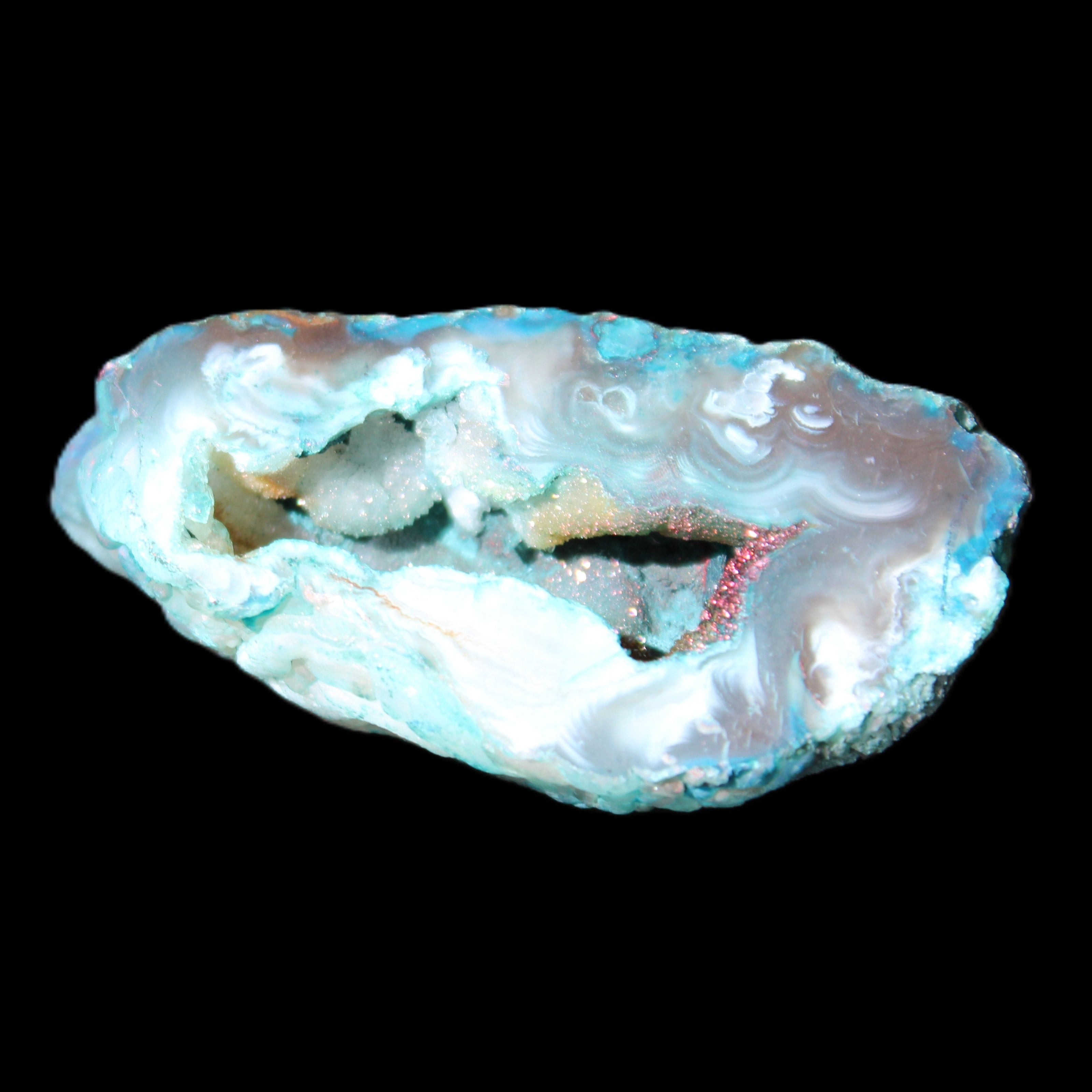 Blue Green dyed Agate geode 54*28*25mm 41g in sunlight - Rocks and Things Store
