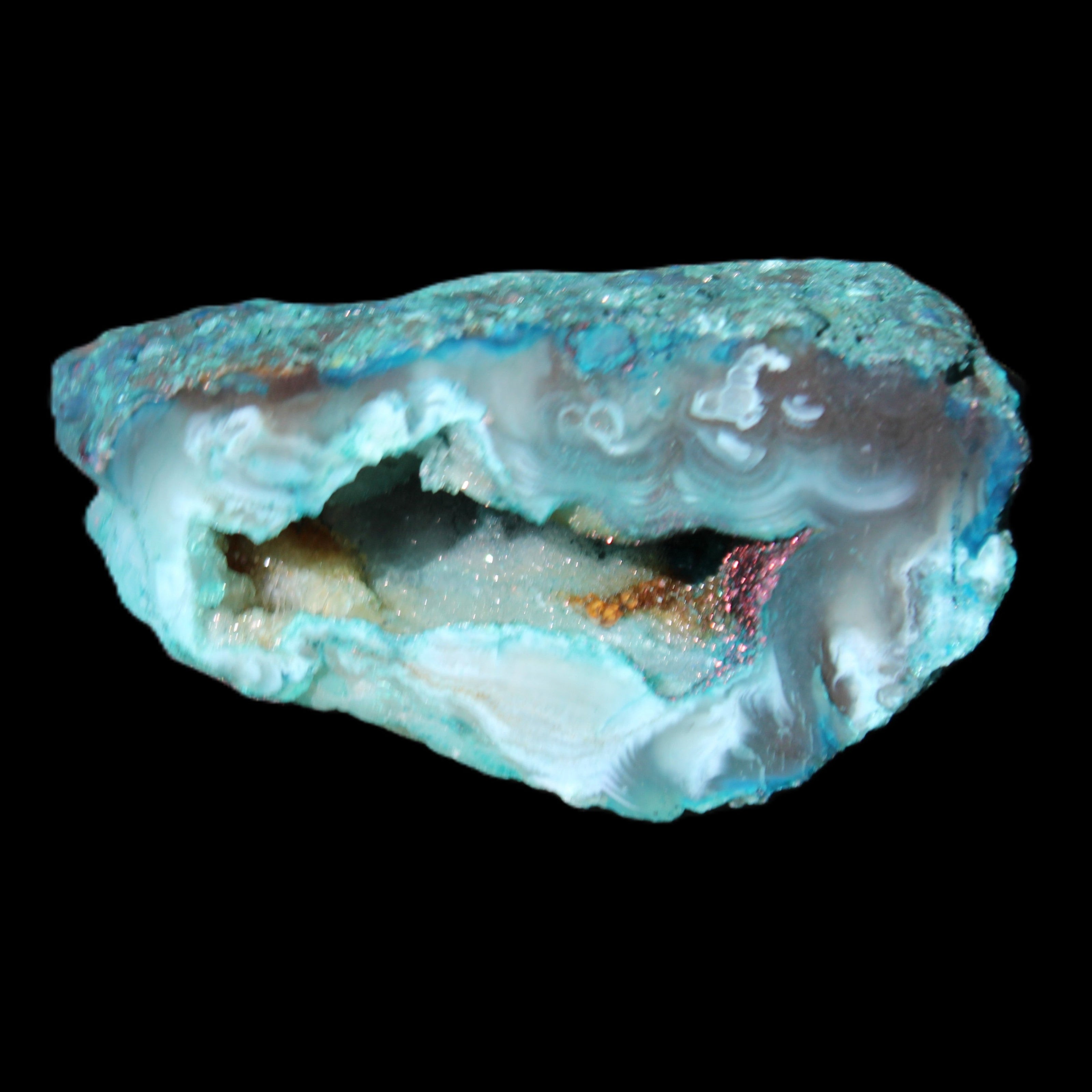 Blue Green dyed Agate geode 54*28*25mm 41g in sunlight - Rocks and Things Store