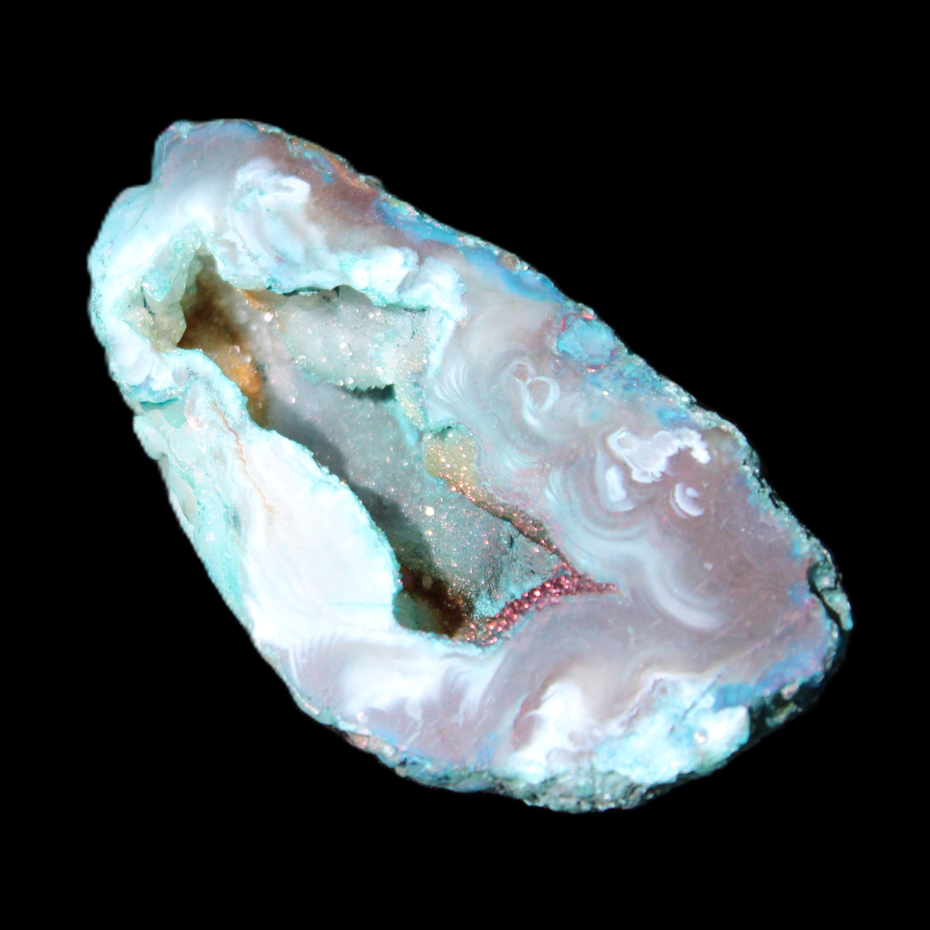 Blue Green dyed Agate geode 54*28*25mm 41g in sunlight - Rocks and Things Store