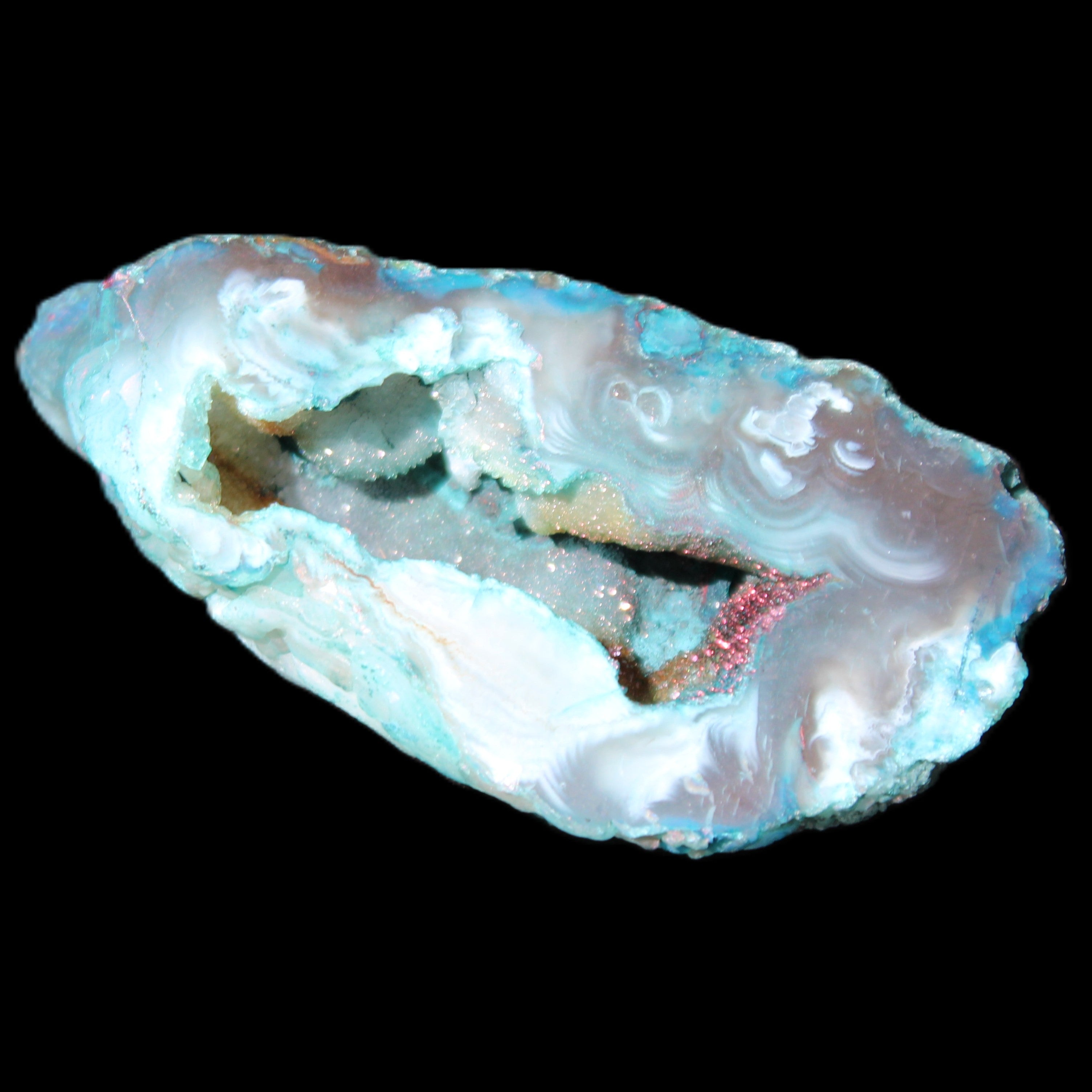 Blue Green dyed Agate geode 54*28*25mm 41g in sunlight - Rocks and Things Store