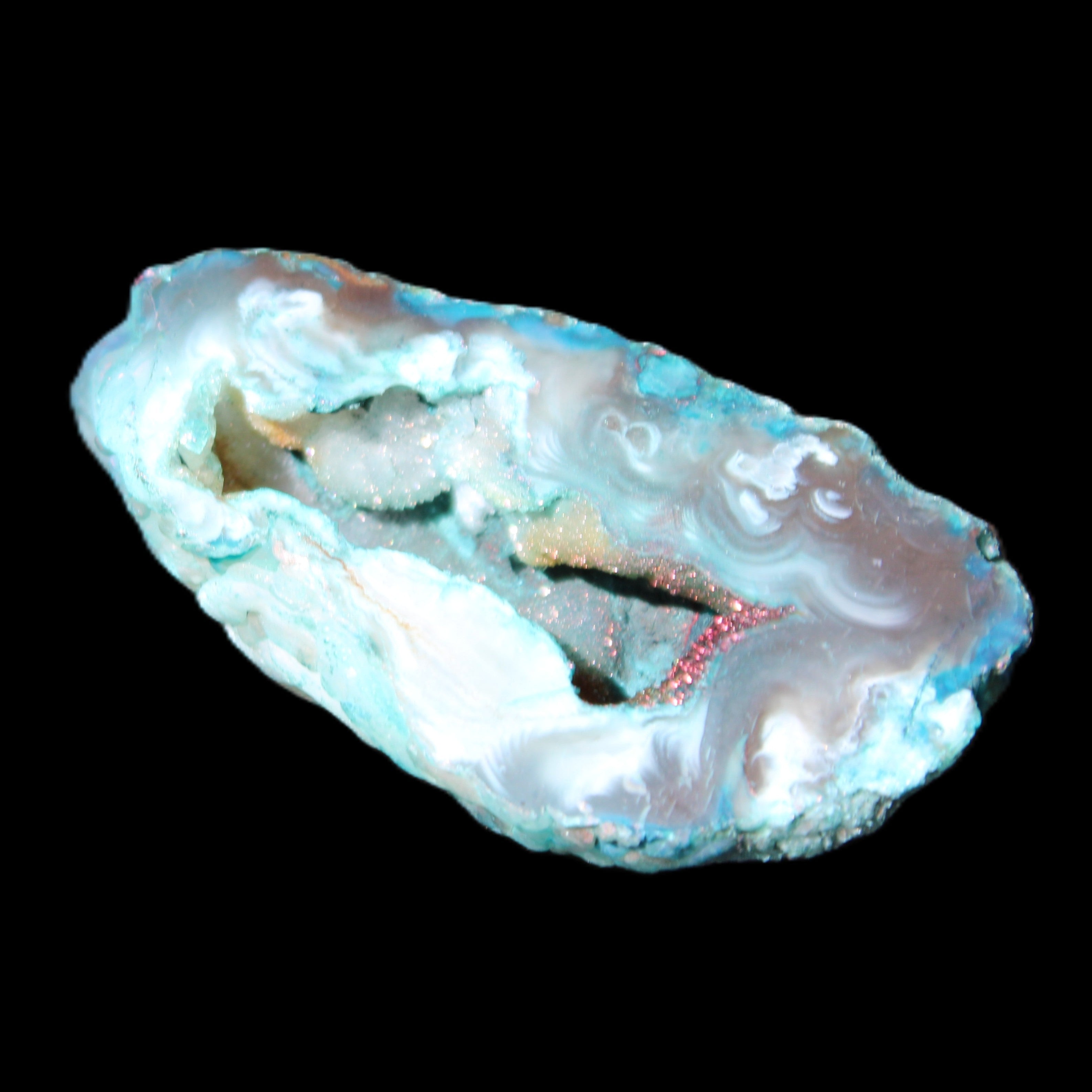 Blue Green dyed Agate geode 54*28*25mm 41g in sunlight - Rocks and Things Store