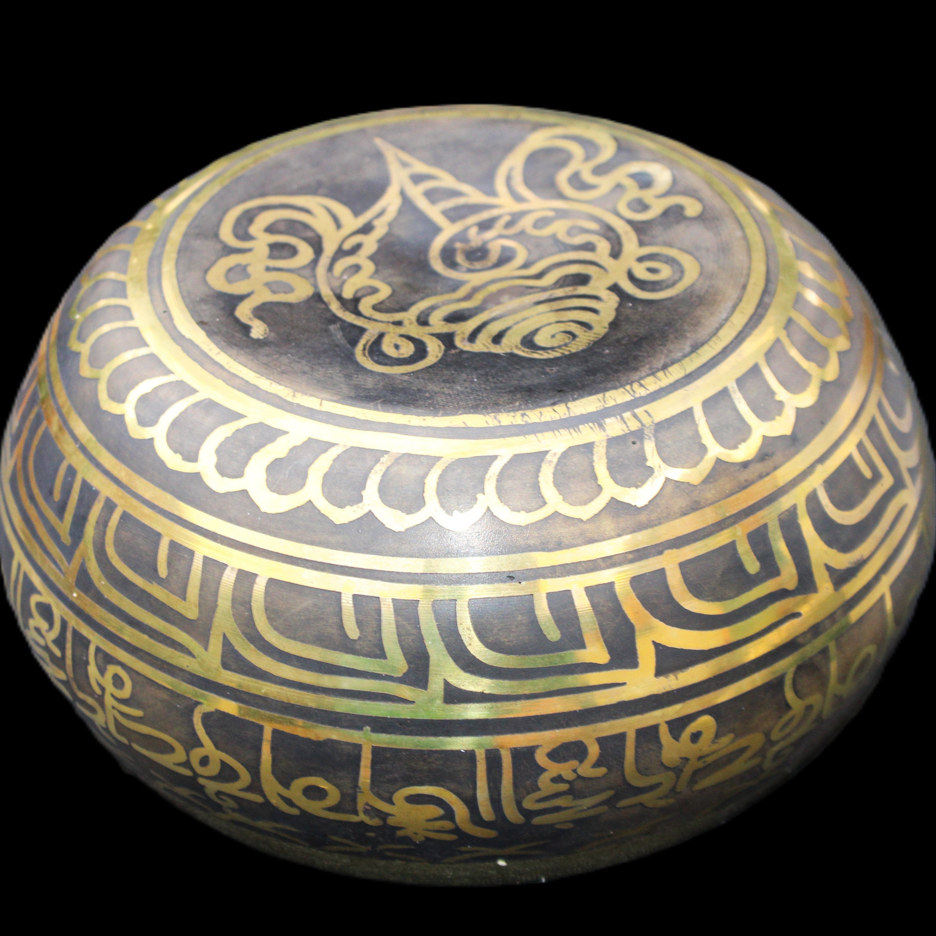 Brass Black Singing Bowl 150*80mm with wooden mallet in sunlight - Rocks and Things Store
