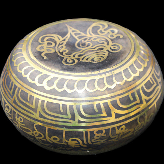 Brass Black Singing Bowl 150*80mm with wooden mallet in sunlight - Rocks and Things Store