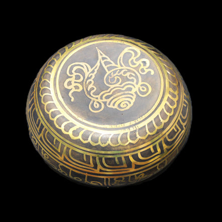 Brass Black Singing Bowl 150*80mm with wooden mallet in sunlight - Rocks and Things Store