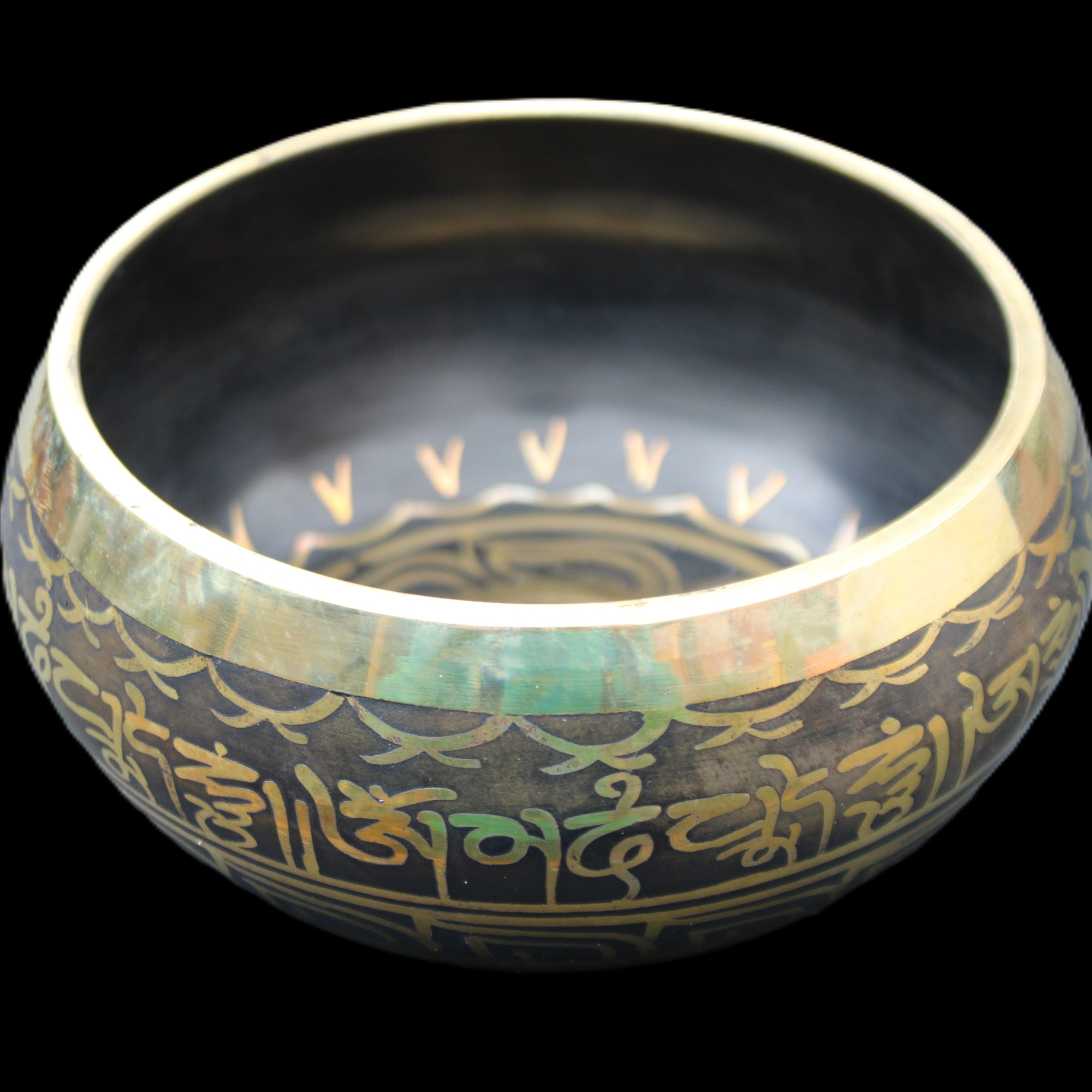 Brass Black Singing Bowl 150*80mm with wooden mallet in sunlight - Rocks and Things Store