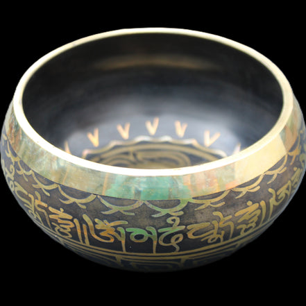 Brass Black Singing Bowl 150*80mm with wooden mallet in sunlight - Rocks and Things Store