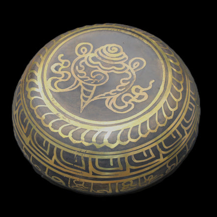 Brass Black Singing Bowl 150*80mm with wooden mallet in sunlight - Rocks and Things Store