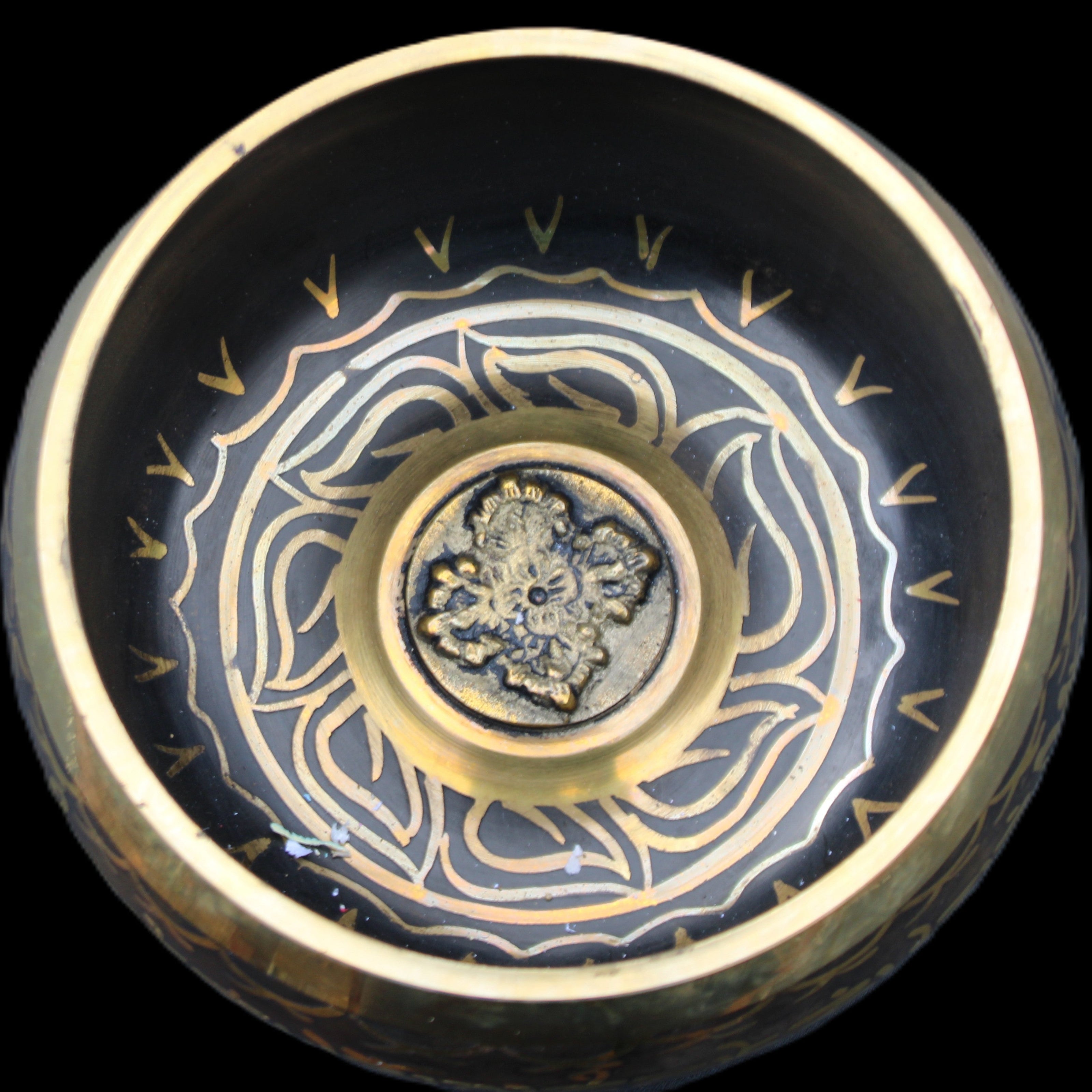 Brass Black Singing Bowl 150*80mm with wooden mallet in sunlight - Rocks and Things Store