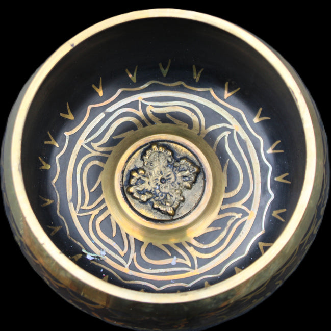 Brass Black Singing Bowl 150*80mm with wooden mallet in sunlight - Rocks and Things Store