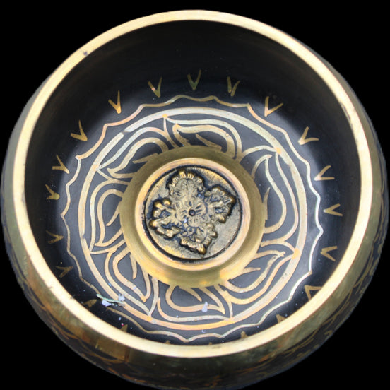 Brass Black Singing Bowl 150*80mm with wooden mallet in sunlight - Rocks and Things Store