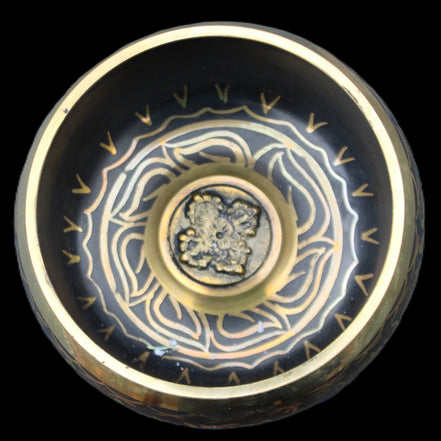 Brass Black Singing Bowl 150*80mm with wooden mallet in sunlight - Rocks and Things Store