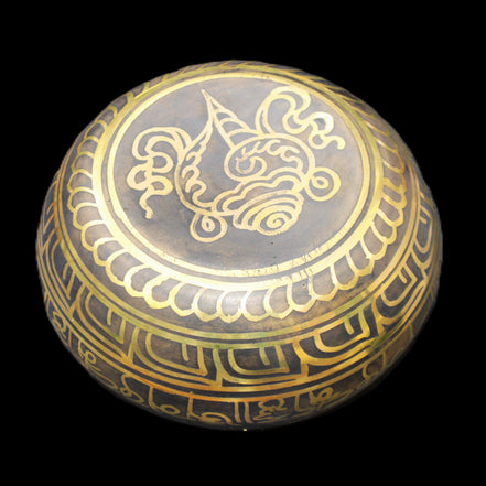 Brass Black Singing Bowl 150*80mm with wooden mallet in sunlight - Rocks and Things Store