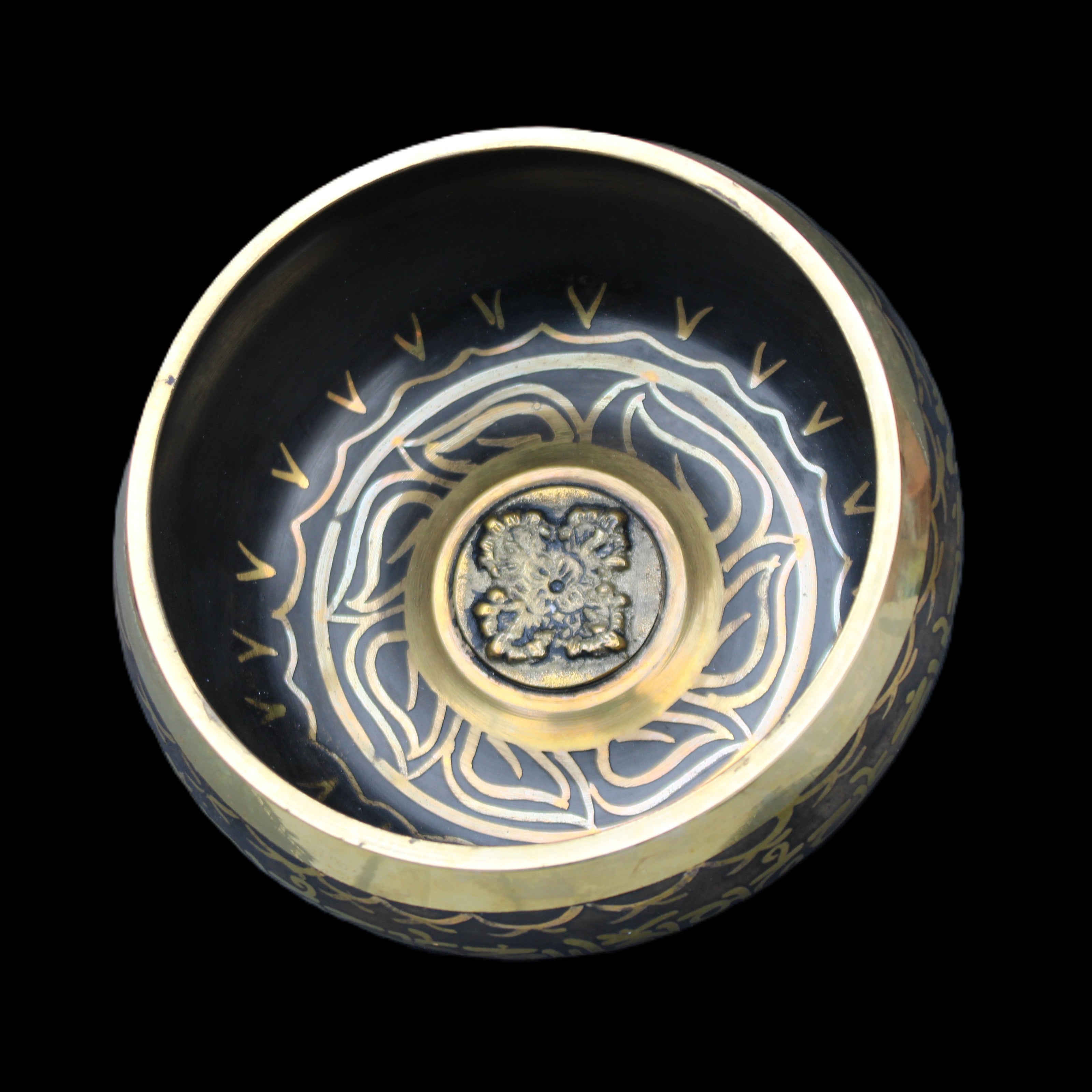 Brass Black Singing Bowl 150*80mm with wooden mallet in sunlight - Rocks and Things Store