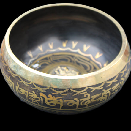 Brass Black Singing Bowl 150*80mm with wooden mallet in sunlight - Rocks and Things Store