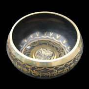 Brass Black Singing Bowl 150*80mm with wooden mallet in sunlight - Rocks and Things Store