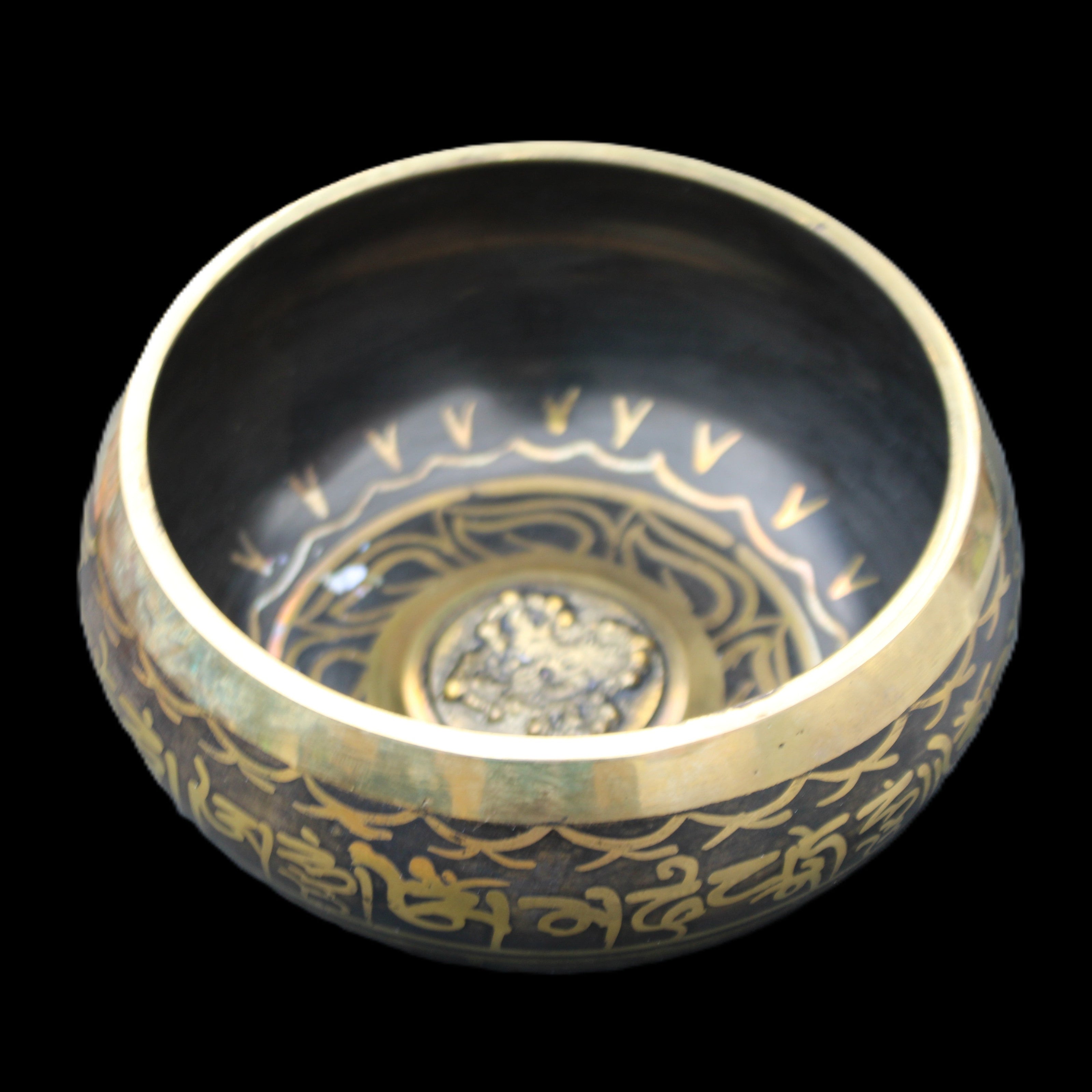 Brass Black Singing Bowl 150*80mm with wooden mallet in sunlight - Rocks and Things Store