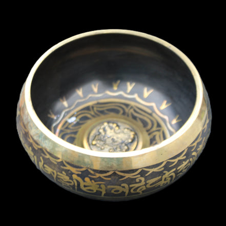 Brass Black Singing Bowl 150*80mm with wooden mallet in sunlight - Rocks and Things Store