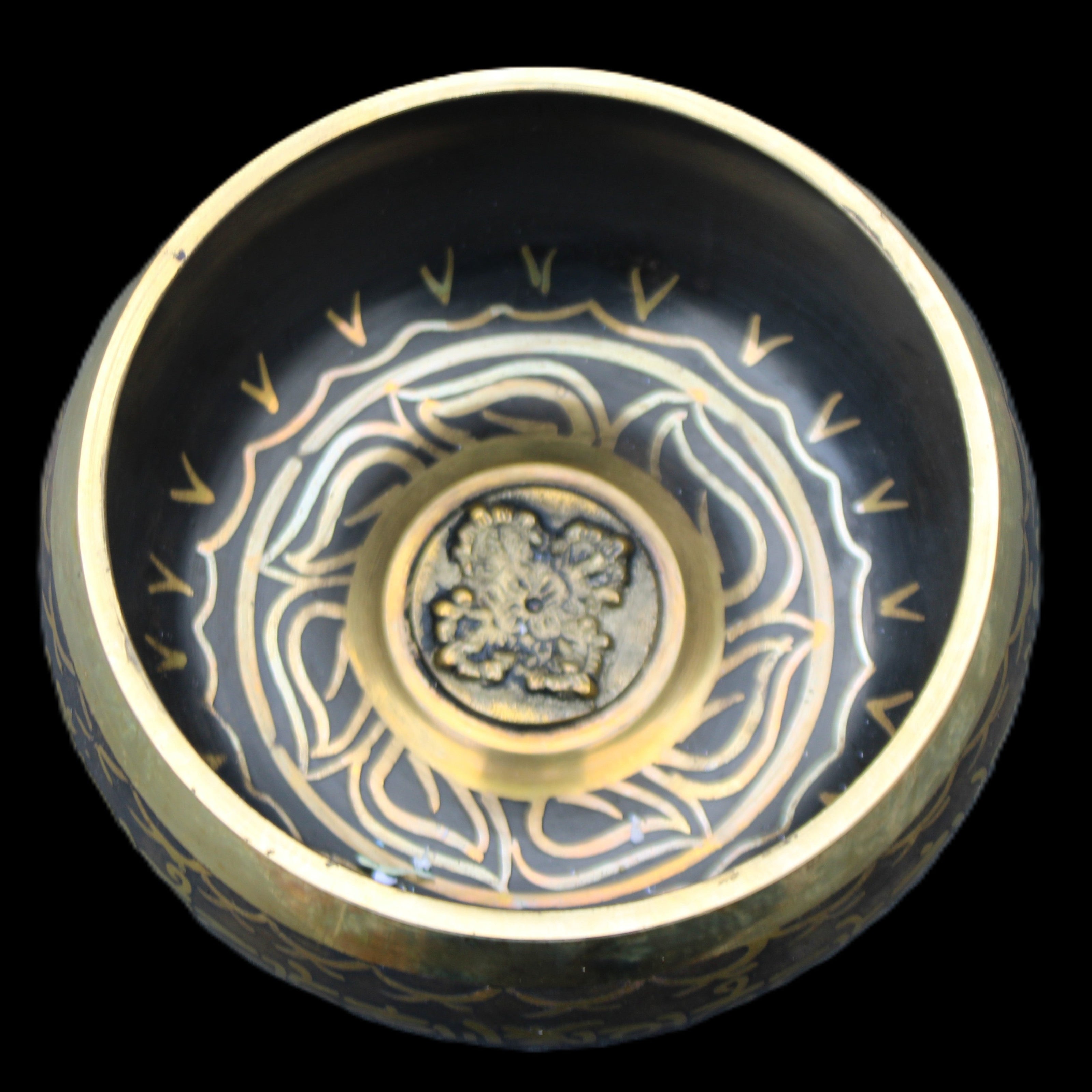 Brass Black Singing Bowl 150*80mm with wooden mallet in sunlight - Rocks and Things Store