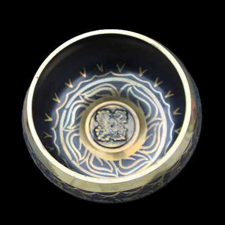 Brass Black Singing Bowl 150*80mm with wooden mallet in sunlight - Rocks and Things Store