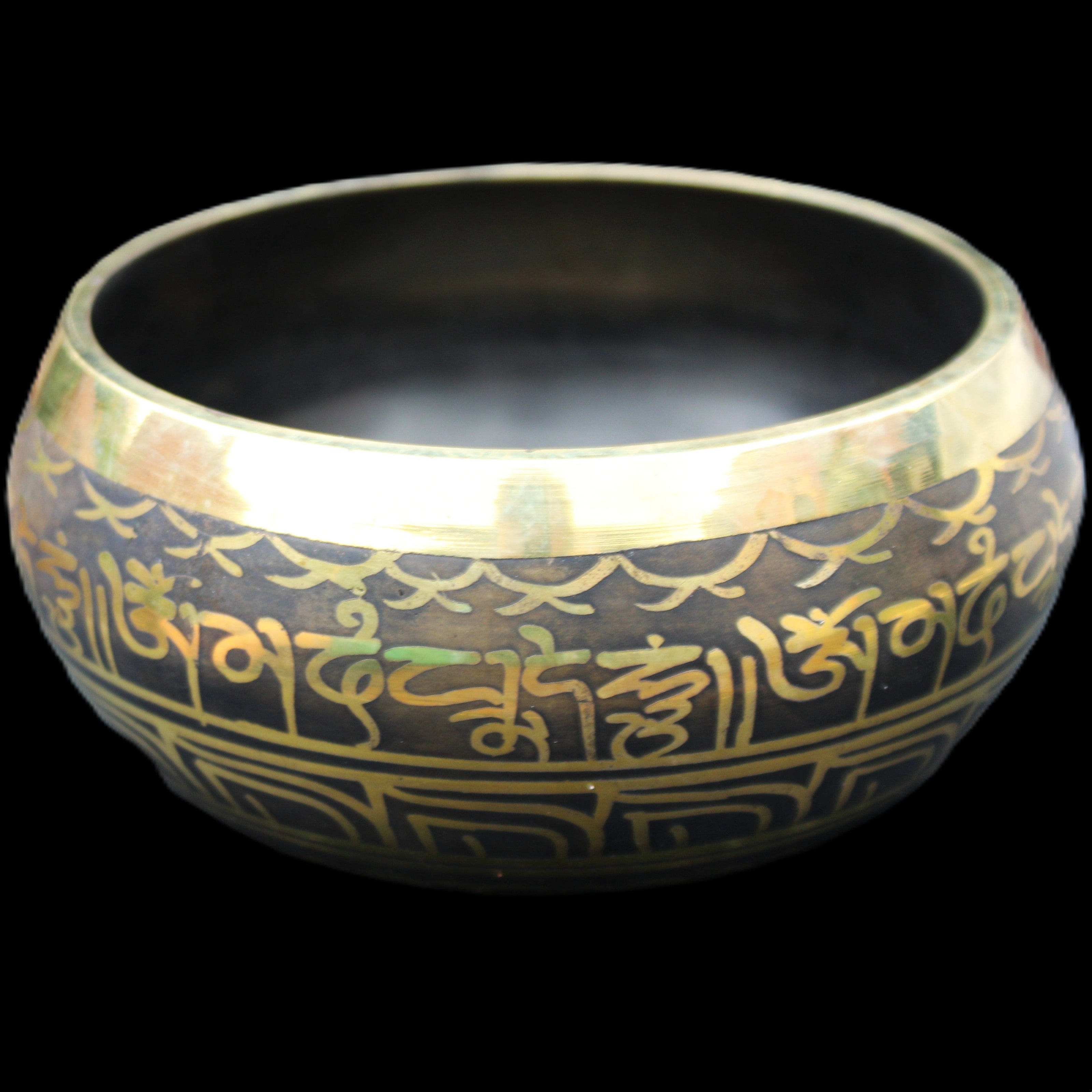 Brass Black Singing Bowl 150*80mm with wooden mallet in sunlight - Rocks and Things Store