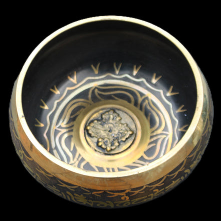 Brass Black Singing Bowl 150*80mm with wooden mallet in sunlight - Rocks and Things Store