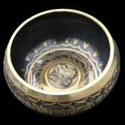Brass Black Singing Bowl 150*80mm with wooden mallet in sunlight - Rocks and Things Store