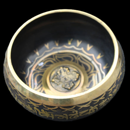 Brass Black Singing Bowl 150*80mm with wooden mallet in sunlight - Rocks and Things Store