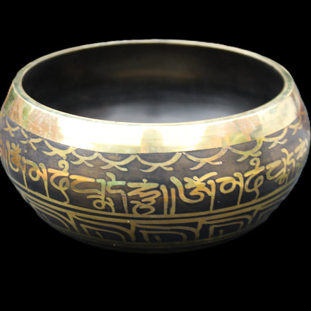 Brass Black Singing Bowl 150*80mm with wooden mallet in sunlight - Rocks and Things Store