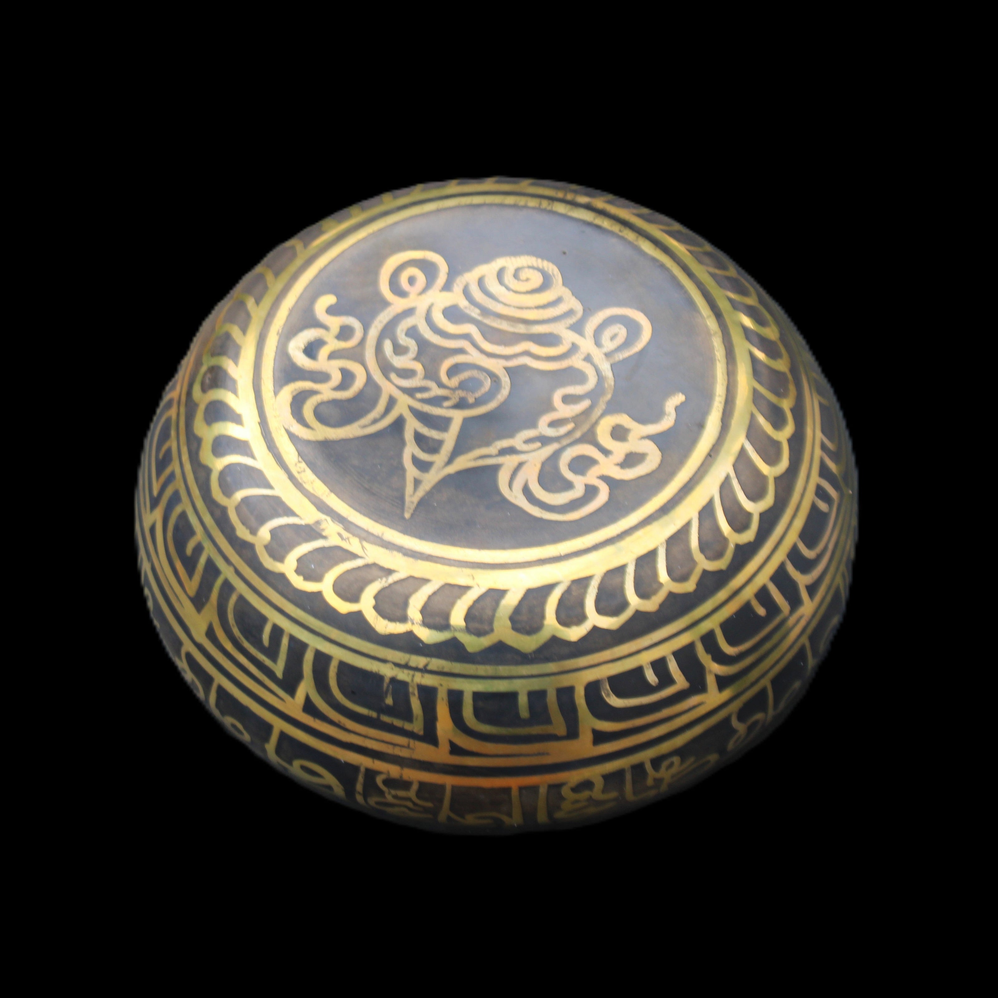 Brass Black Singing Bowl 150*80mm with wooden mallet in sunlight - Rocks and Things Store