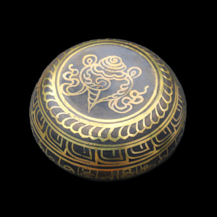 Brass Black Singing Bowl 150*80mm with wooden mallet in sunlight - Rocks and Things Store