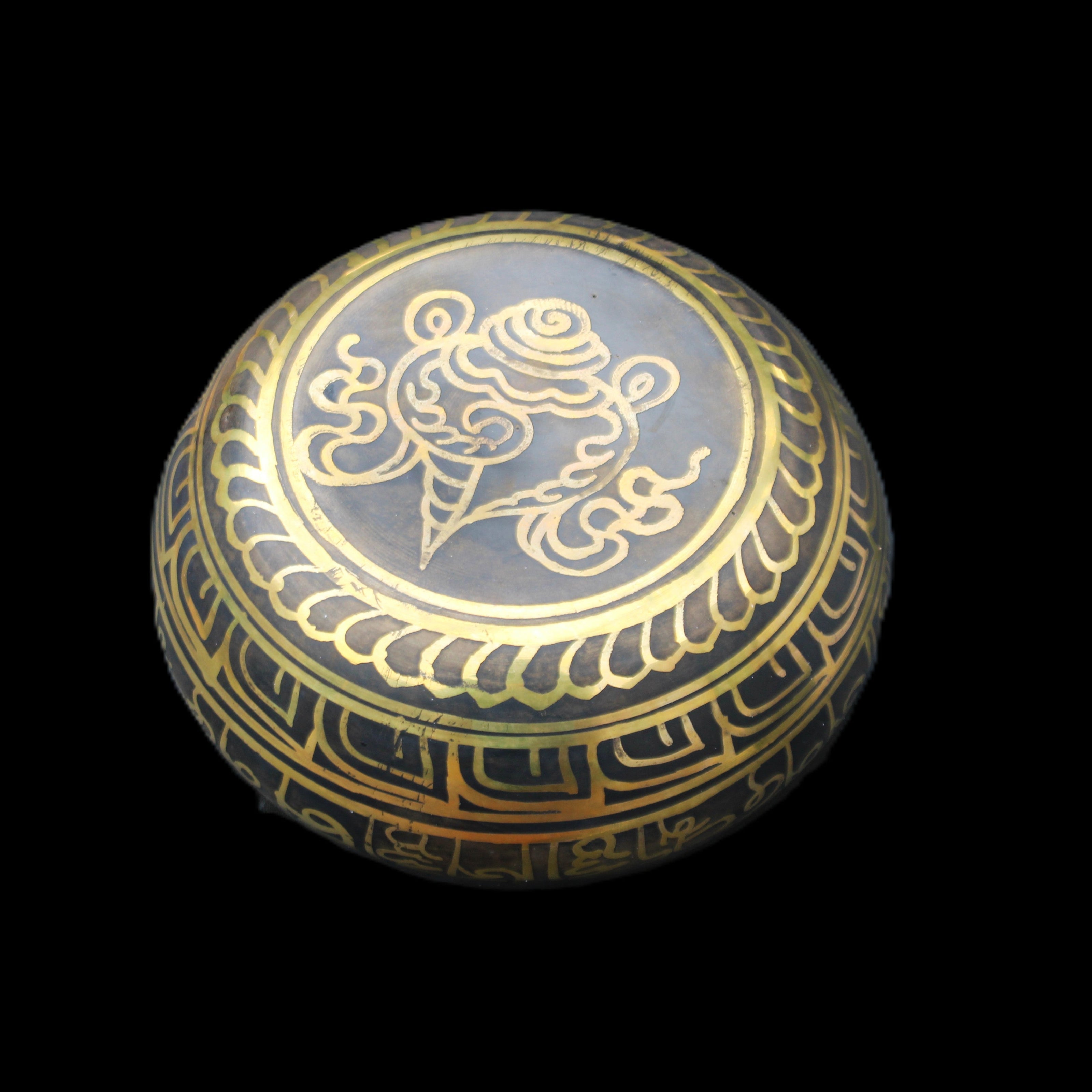 Brass Black Singing Bowl 150*80mm with wooden mallet in sunlight - Rocks and Things Store