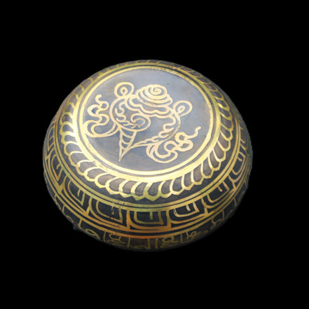 Brass Black Singing Bowl 150*80mm with wooden mallet in sunlight - Rocks and Things Store