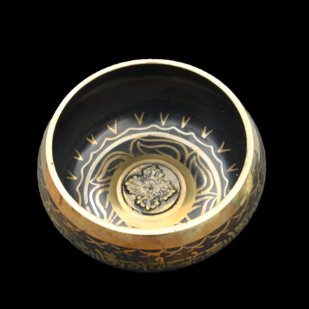 Brass Black Singing Bowl 150*80mm with wooden mallet in sunlight - Rocks and Things Store