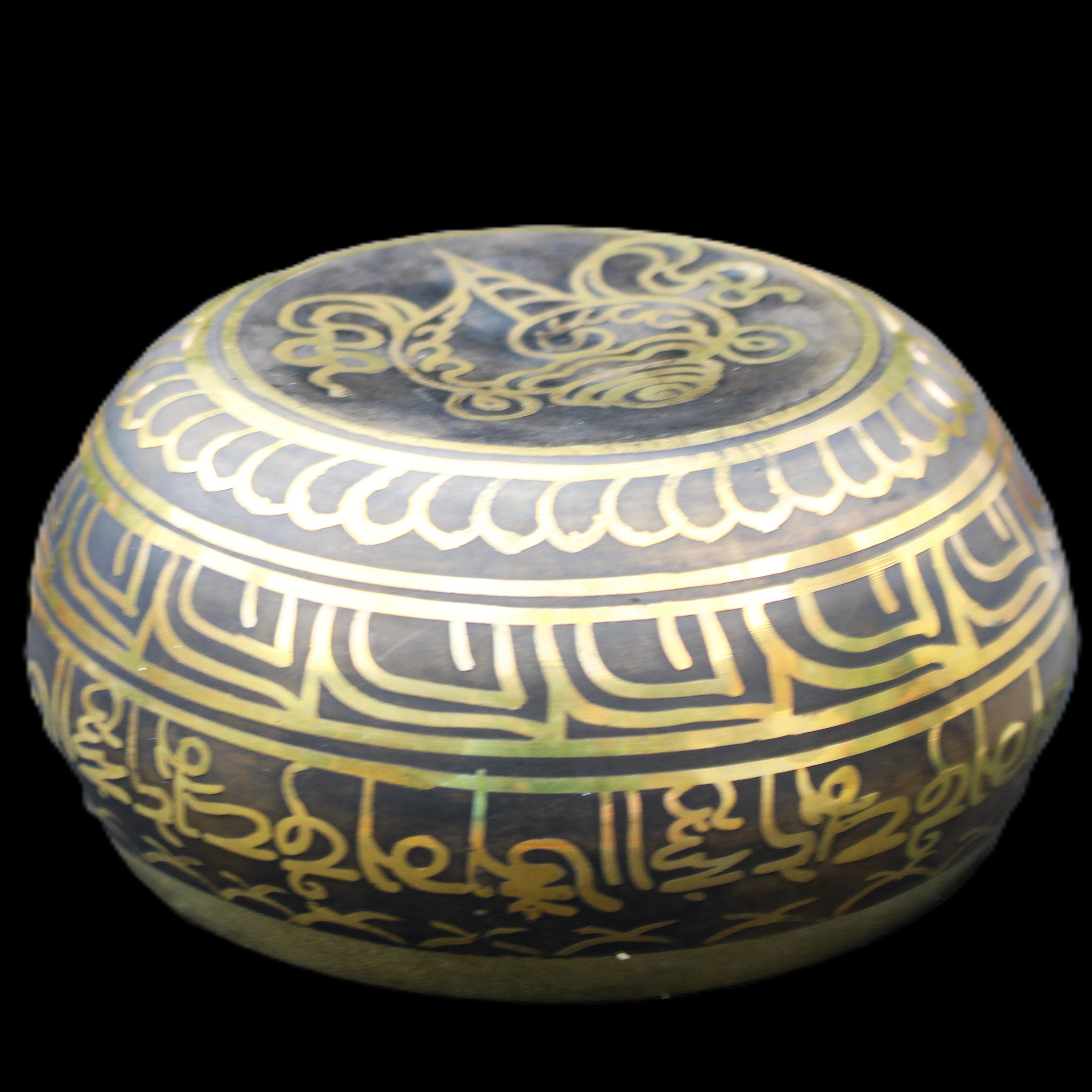 Brass Black Singing Bowl 150*80mm with wooden mallet in sunlight - Rocks and Things Store