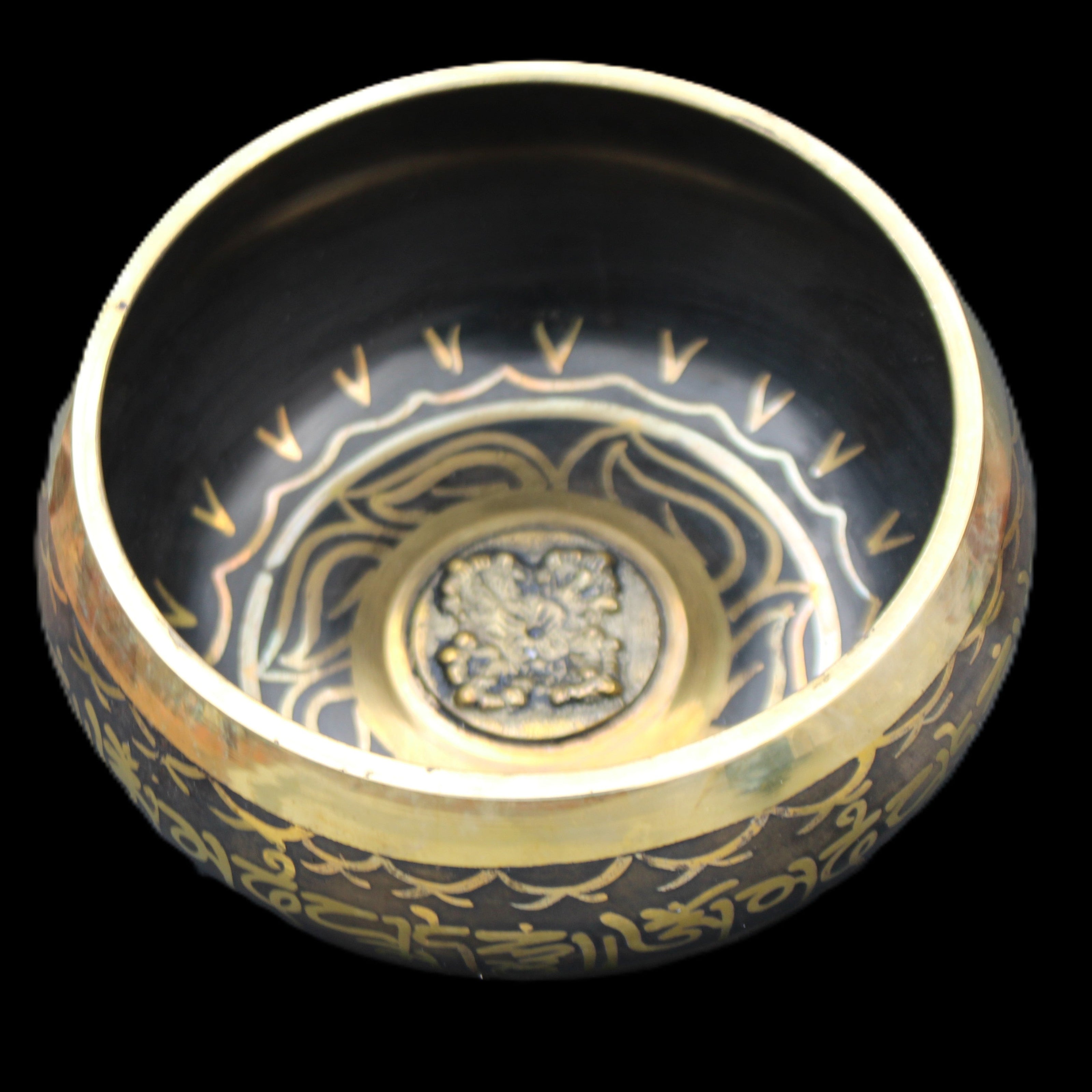 Brass Black Singing Bowl 150*80mm with wooden mallet in sunlight - Rocks and Things Store
